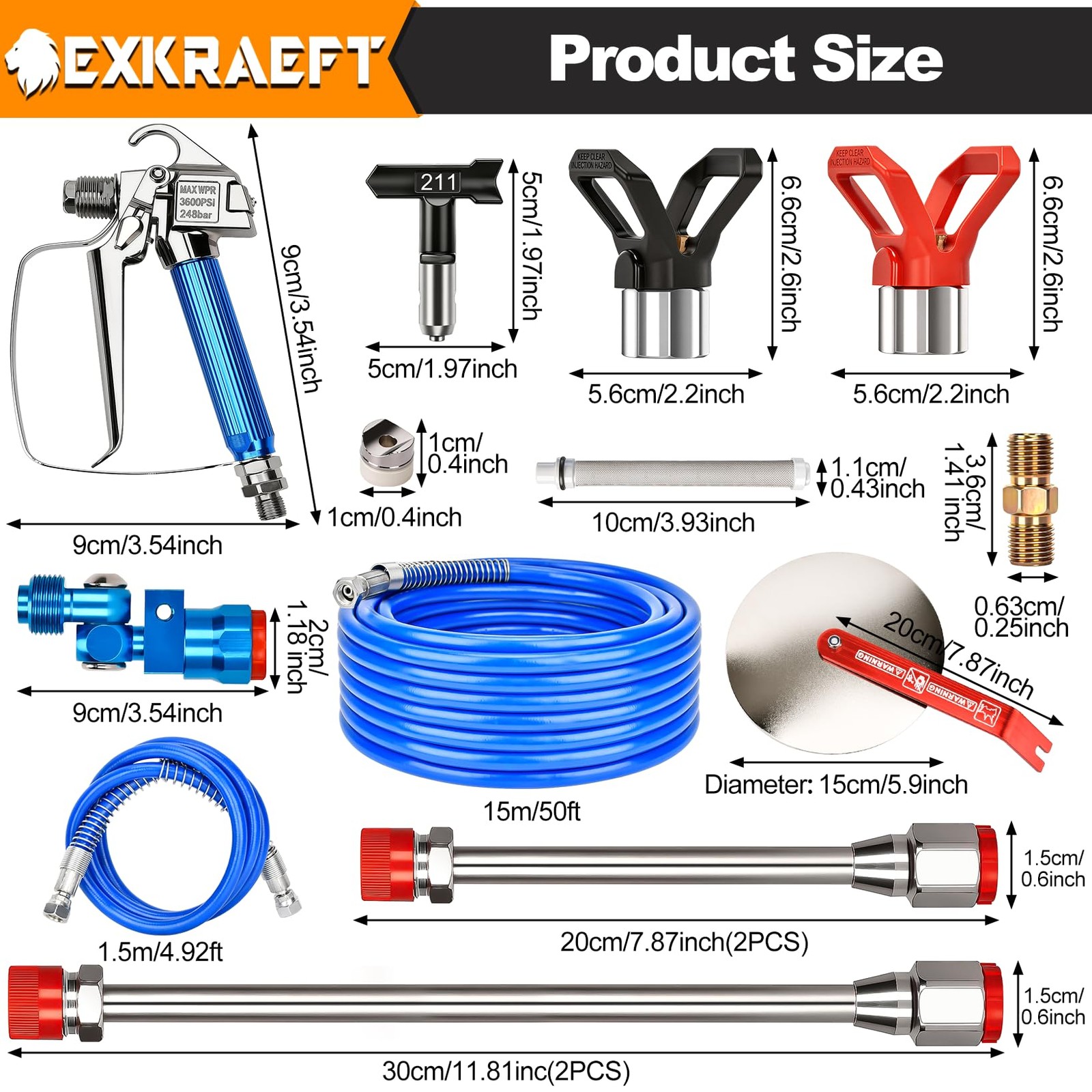 Exkraeft 25Pcs Airless Paint Sprayer Gun Kit 3600Psi Airless Spray Gun 50Ft And