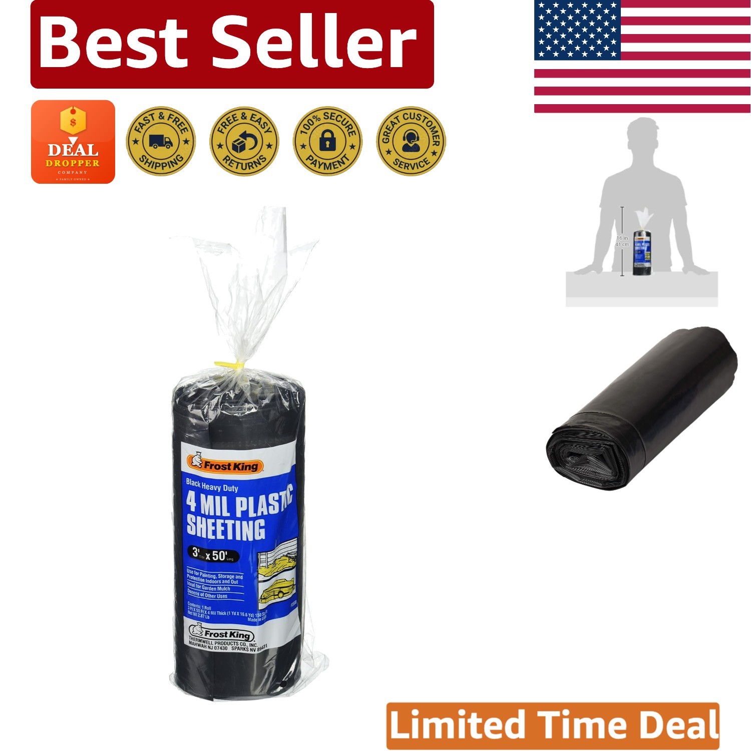 Lightweight 350B Black Polyethylene Sheeting 3′ x 50′ for Outdoor Protection