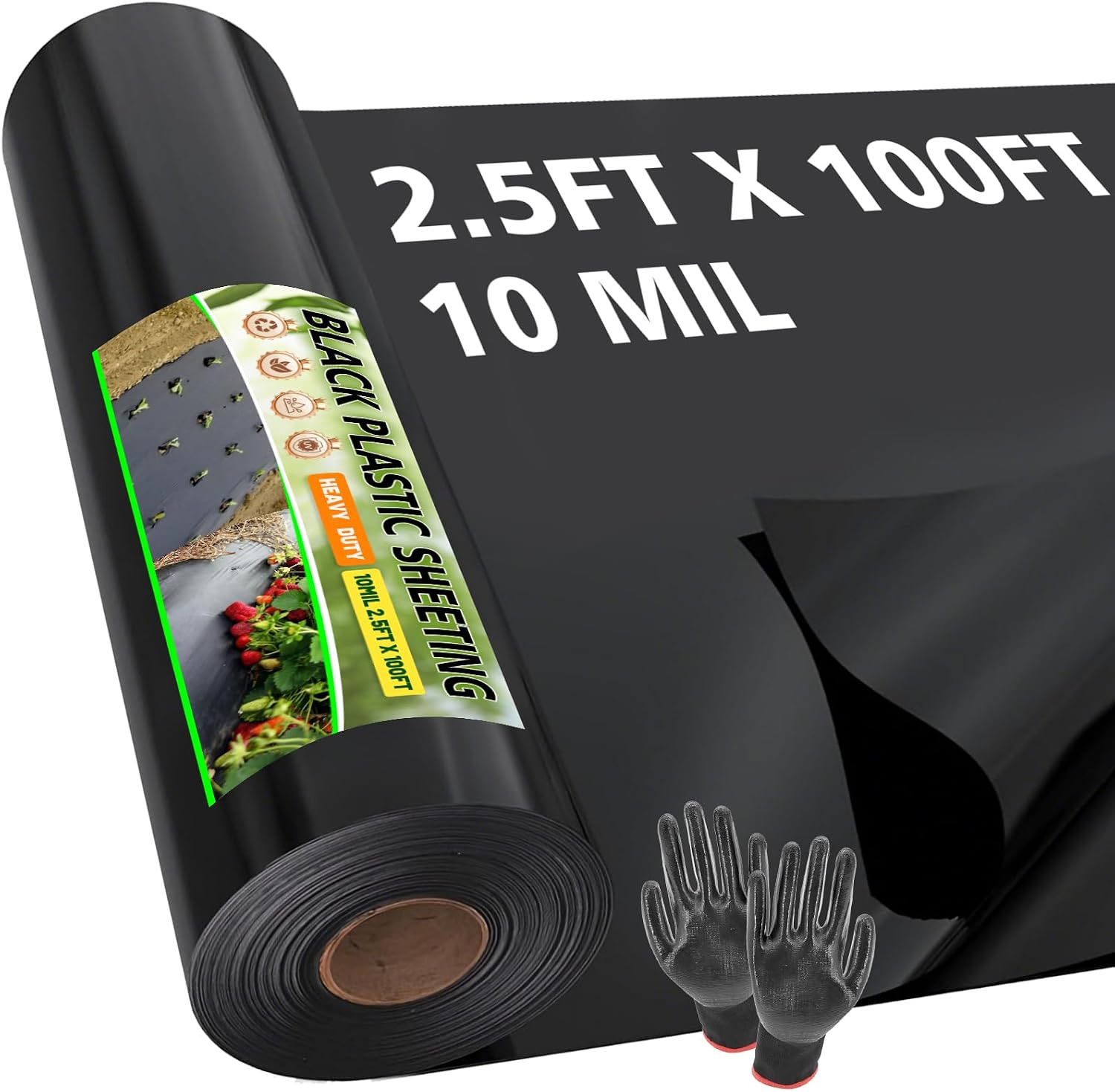 10 Mil Black Plastic Sheeting Heavy Duty, 2.5Ft X 100Ft LLDPE Vapor Barrier for