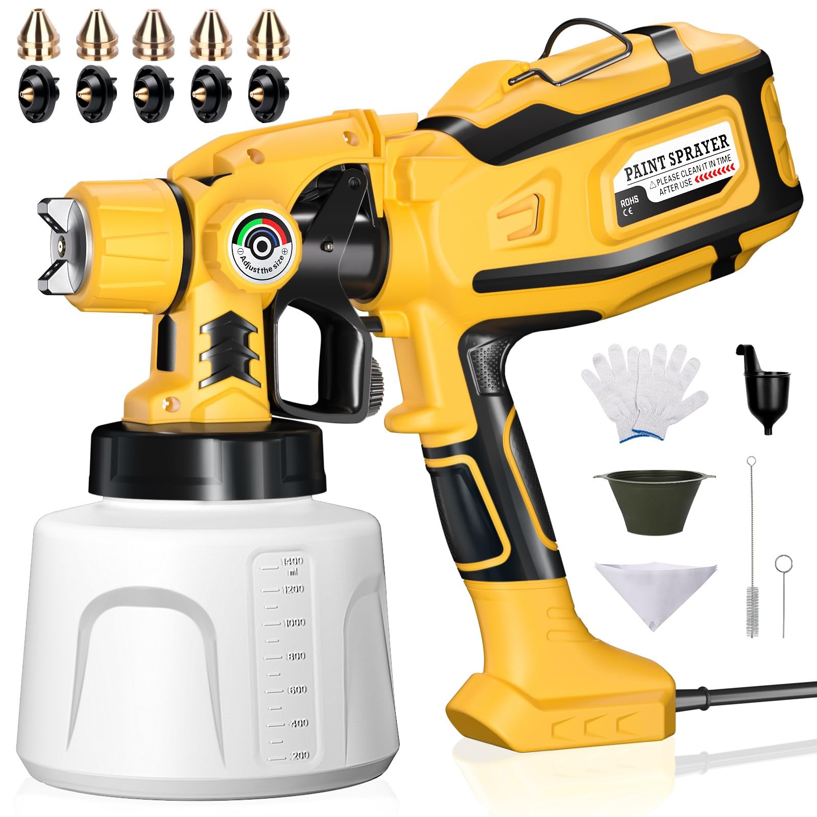 Paint Sprayer Cosyjazz 1200W Hvlp Spray Paint Gun 5 Nozzles 3 Spray Patterns
