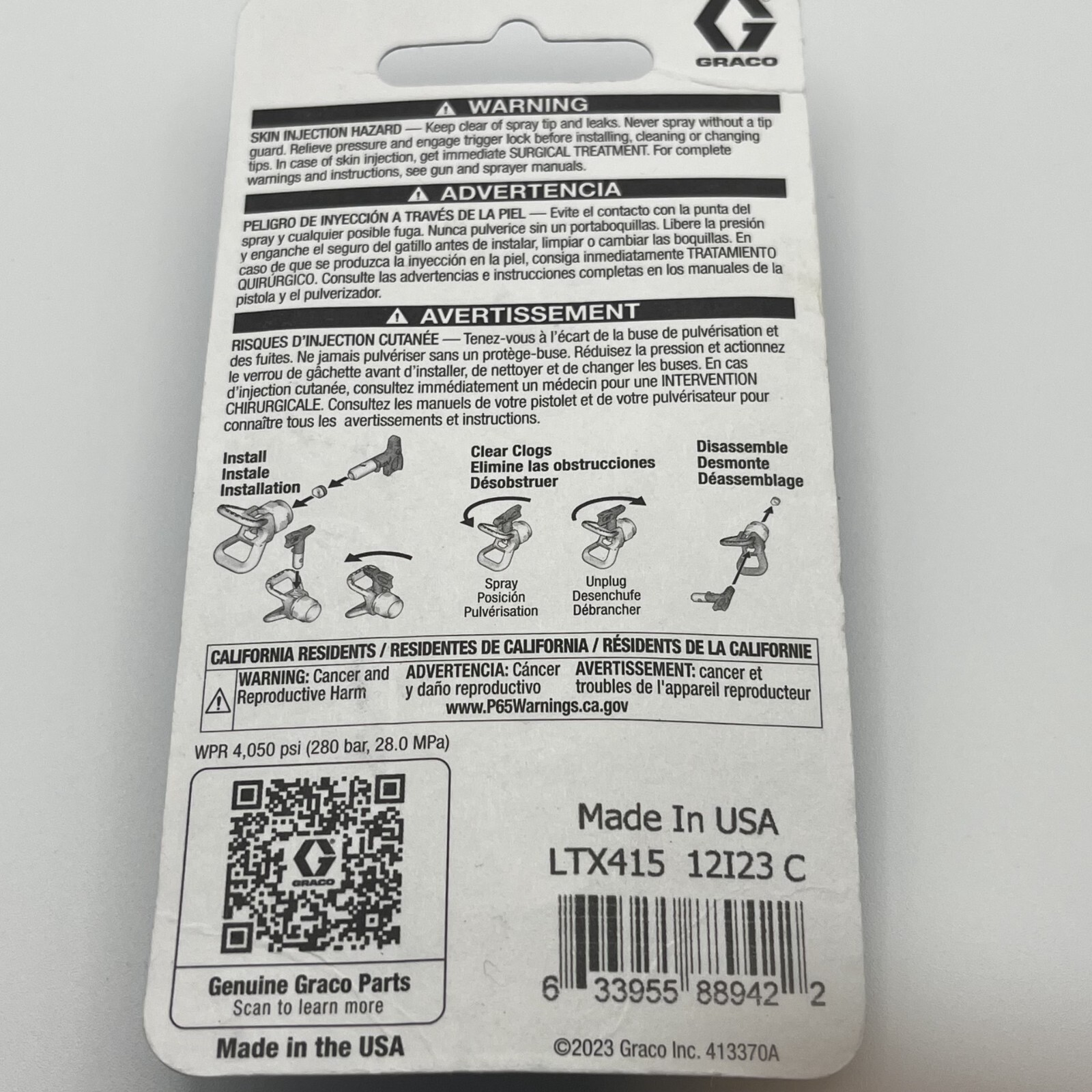 Graco LTX415 Airless Reversible Paint Spray Swichtip Sz 0.015 In Pattern 8-10 In