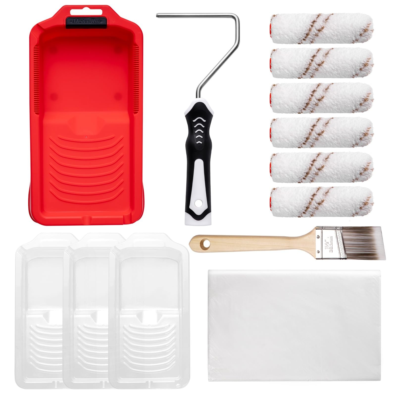 Mister Rui Mini Paint Roller Kit-13 Piece, 4-Inch 4 inches, Red Tray