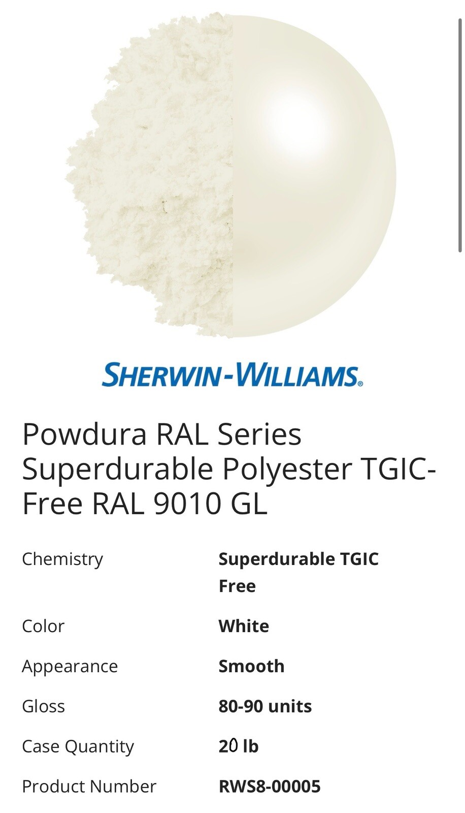 Sherwin Williams Powder Coat RAL-9010 RWS8-00005 20lbs