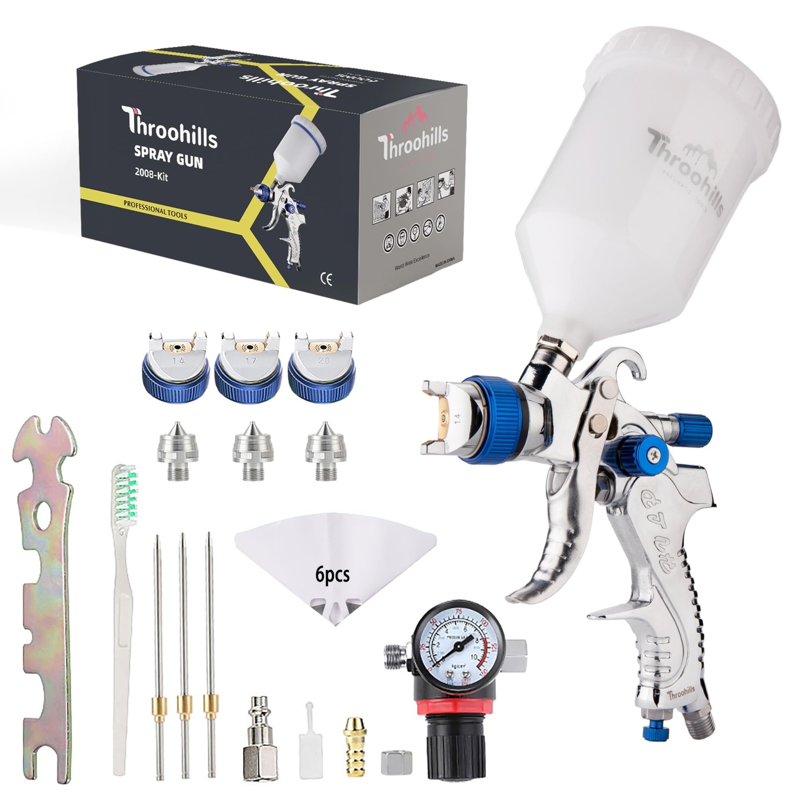 Throohills Professional Hvlp Spray Gun 1.4/1.7/2.0Mm Nozzle Hvlp High