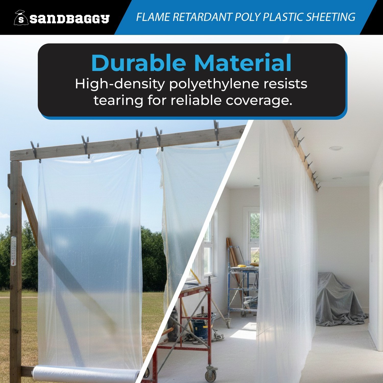 Flame Retardant Poly Plastic Sheeting 6 Mil – 20ft x 100ft, USA Made – Sandbaggy
