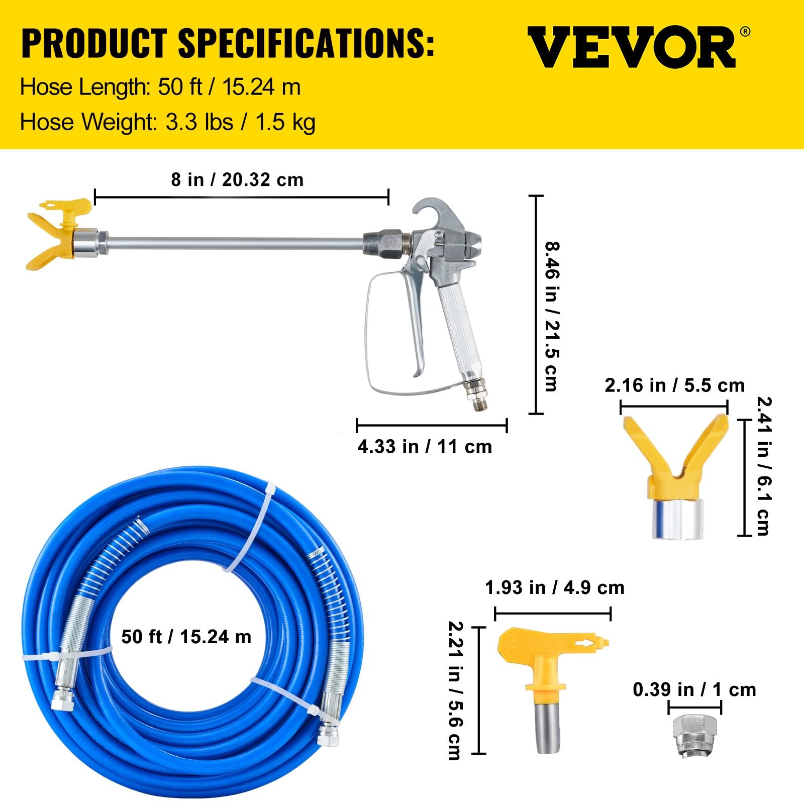 VEVOR Airless Paint Spray Hose Kit, 50ft, 3600 psi High Pressure Fiber Tube with