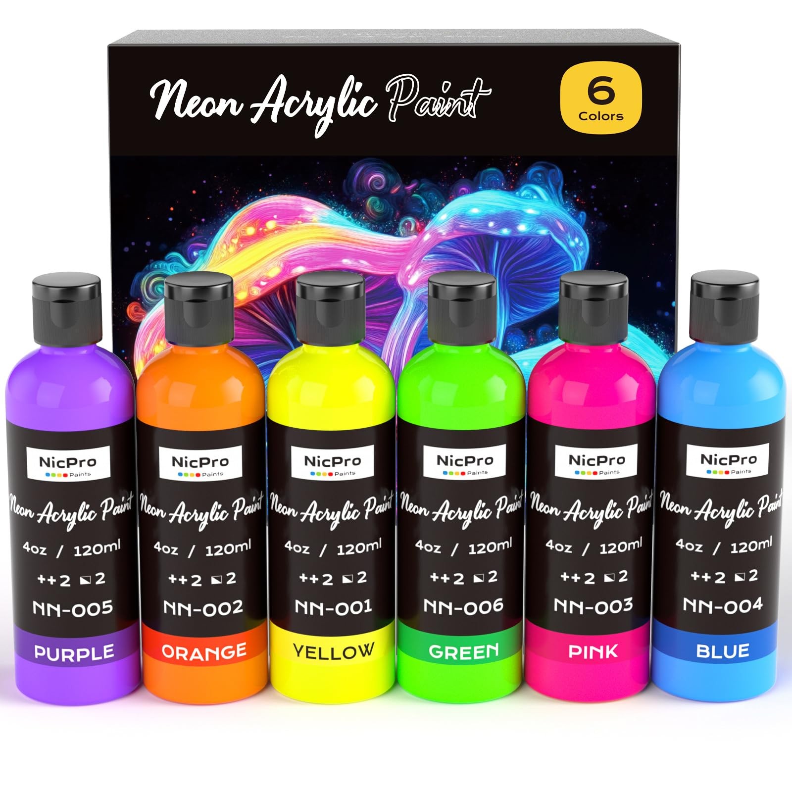 Nicpro 6 Colors Fluorescent Acrylic Paint Set 4 Fl Oz (Pack of 6), 6