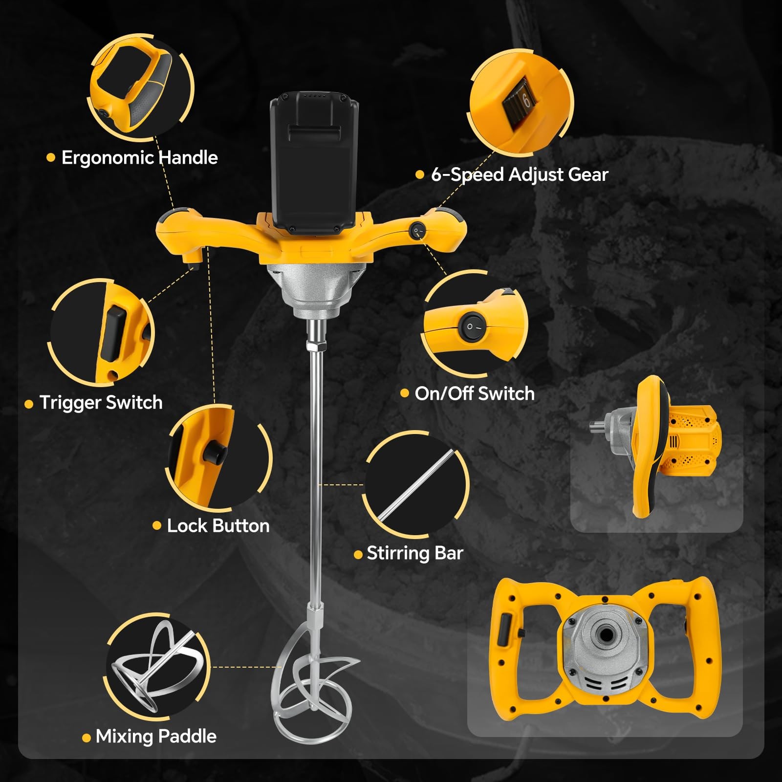 Cordless Cement Mixer, for Dewalt 20V Battery, 1200W Handheld Electric Concre…