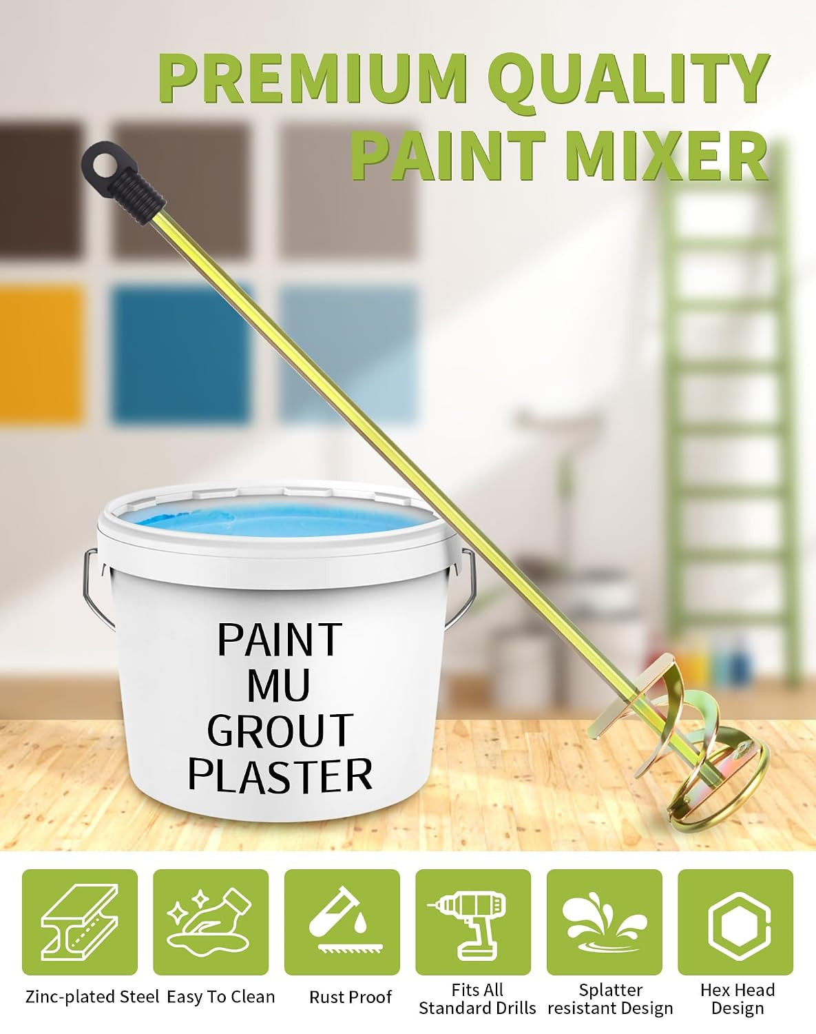 Paint Mixer Drill Attachment 1-5 Gallon Bucket Zinc Plated Rust Free Resin Epoxy
