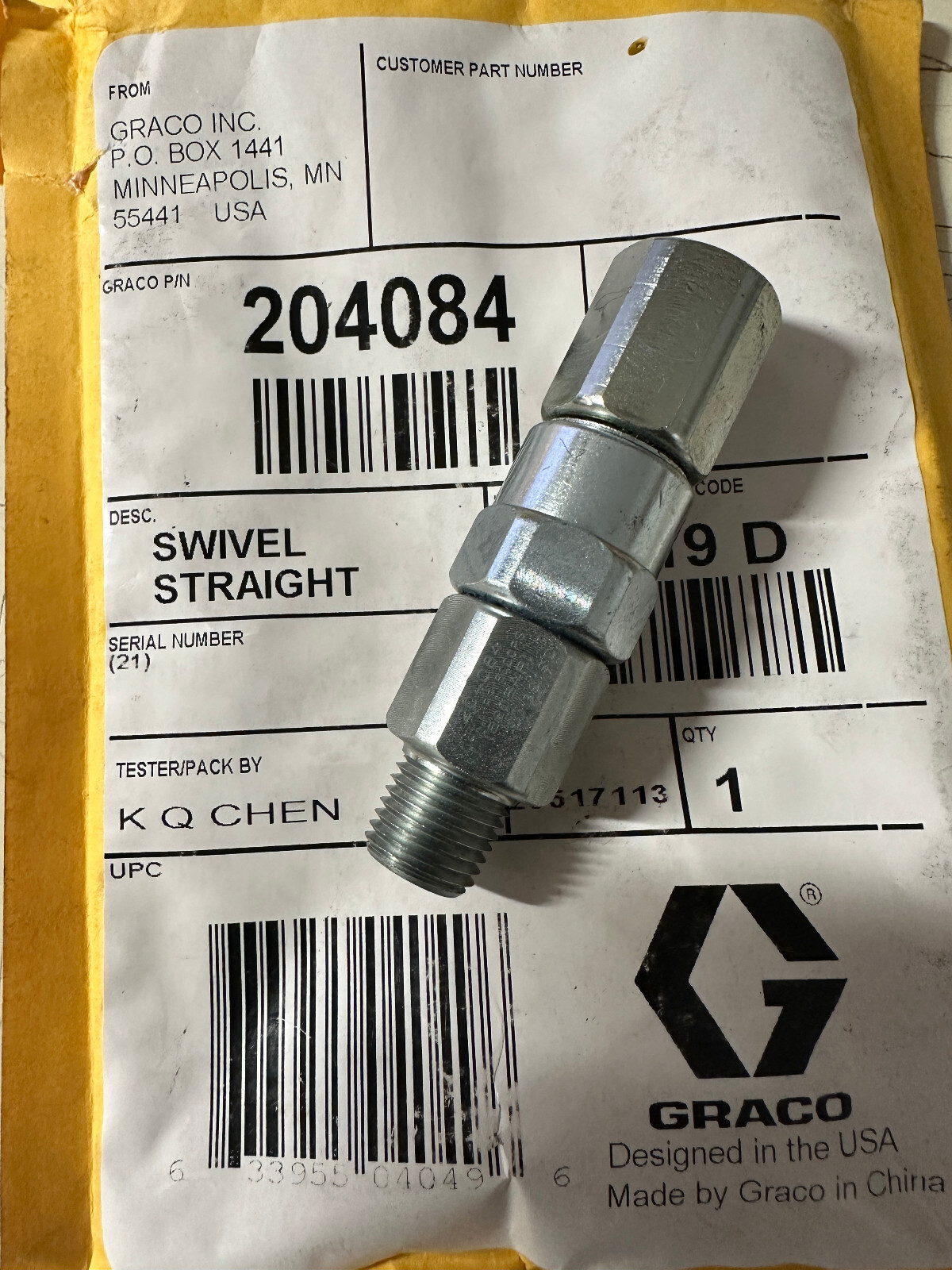 Graco 204084 SWIVEL STRAIGHT 1/4 NPT X 1/4 NPT 8000PSI MAX NEW