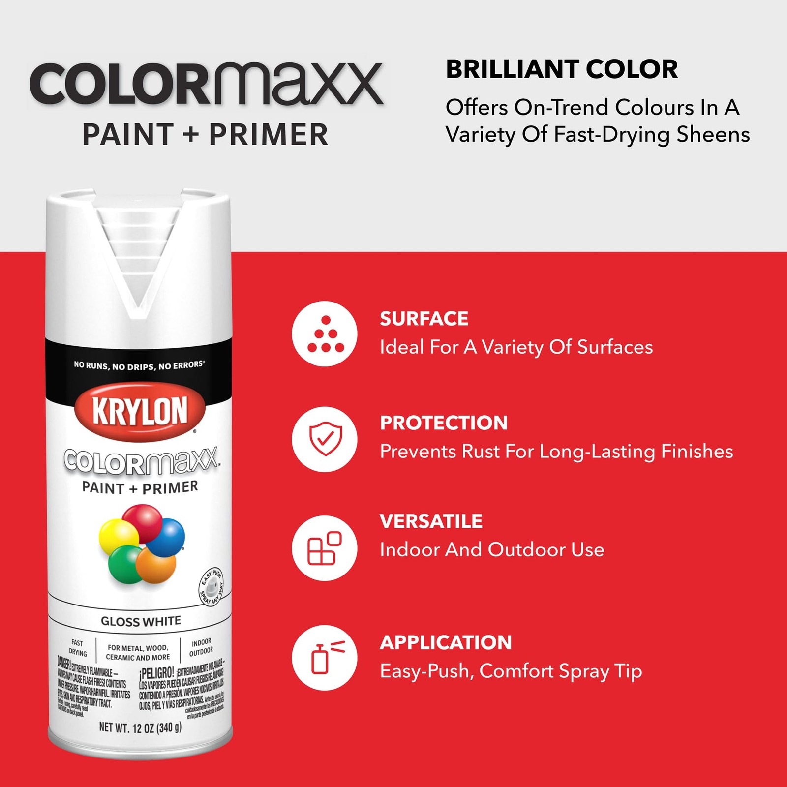 Krylon ColorMaxx 12 Oz. Gloss Spray Paint, White – 1 Count (Pack of 1),