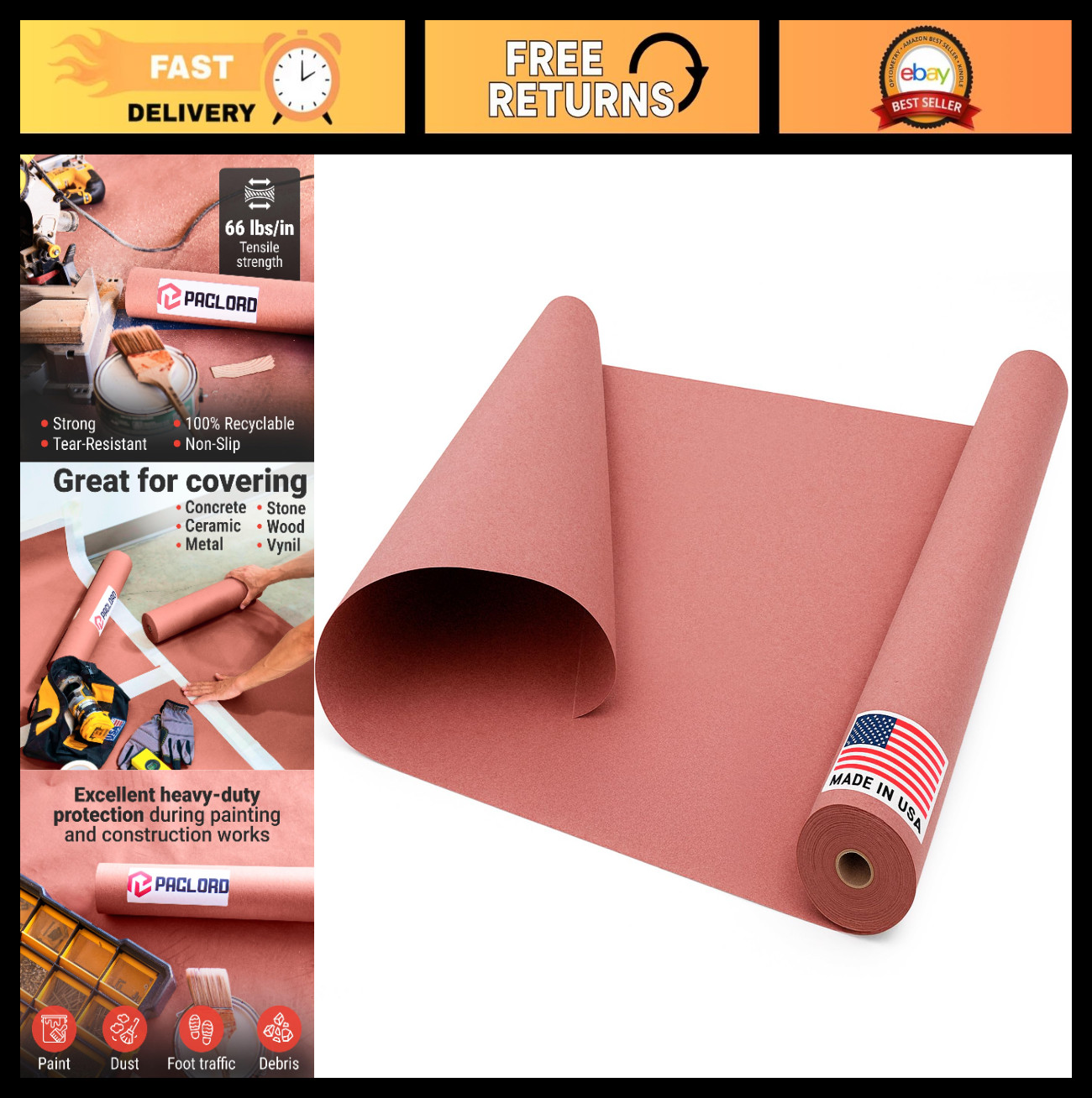 Heavy-Duty 7 Mil Red Rosin Paper Roll 36″ x 1992″ – Floor Protection for Paint &