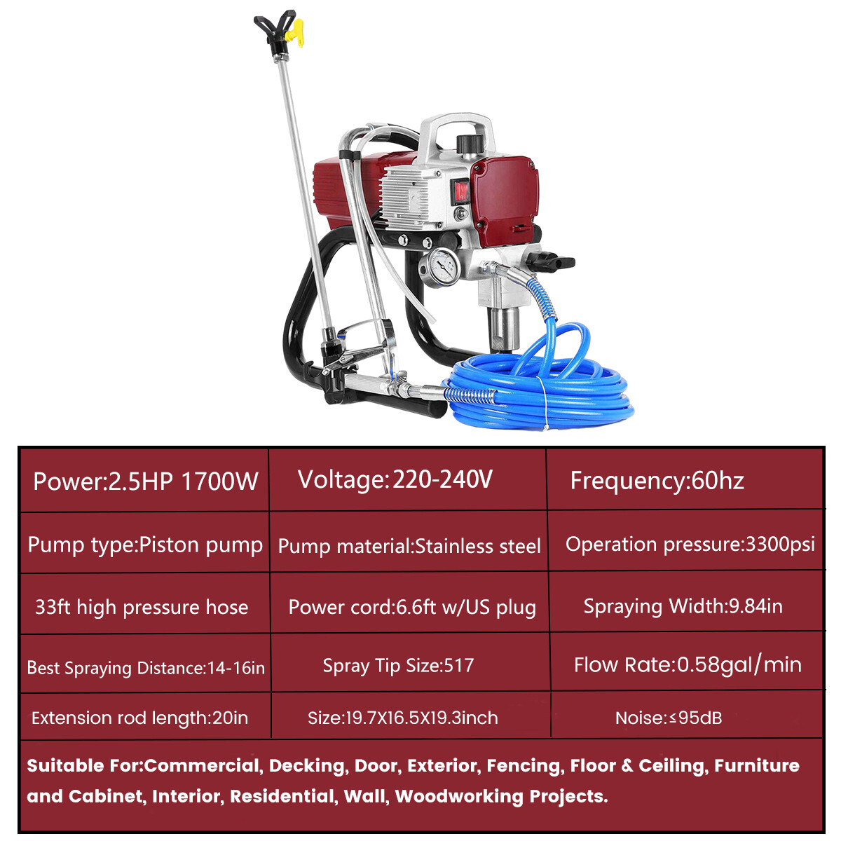1700W High Pressure Airless Paint Sprayer High Efficiency Power Painting 220V