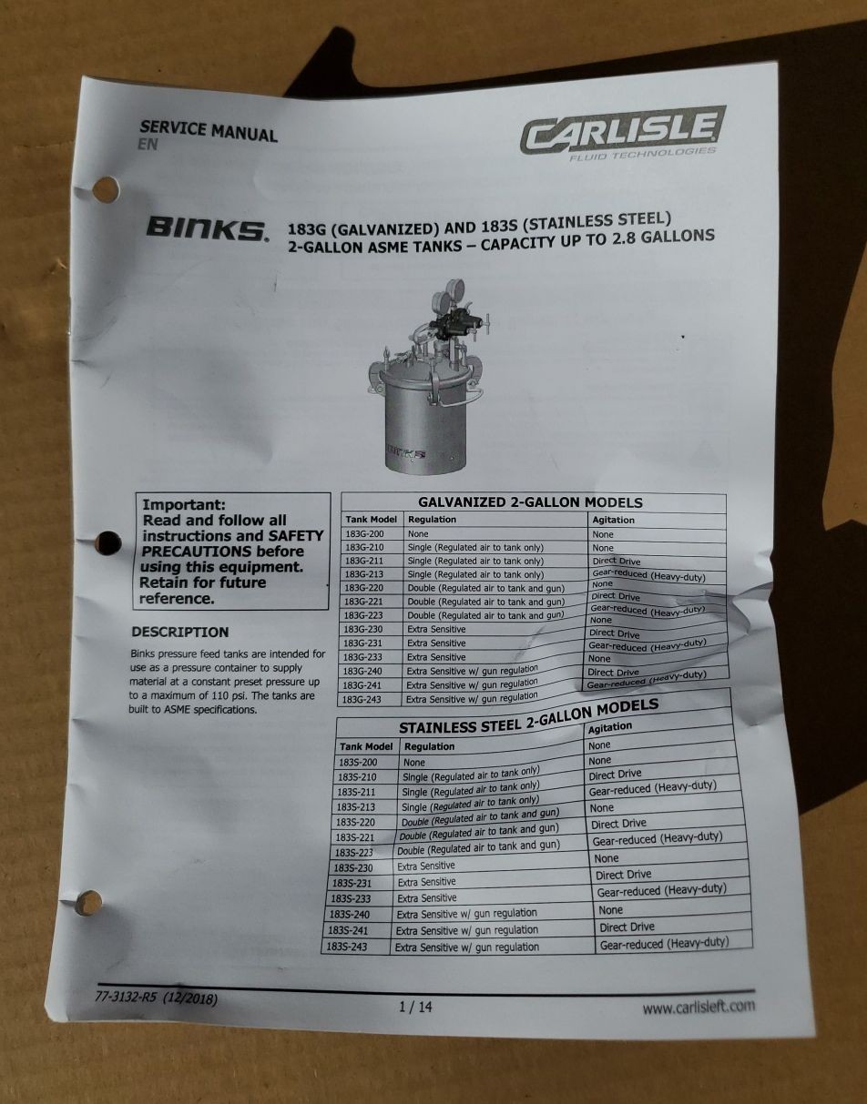 Binks 183S Stainless Steel 2 GALLON Pressure Tank Pot with Agitator