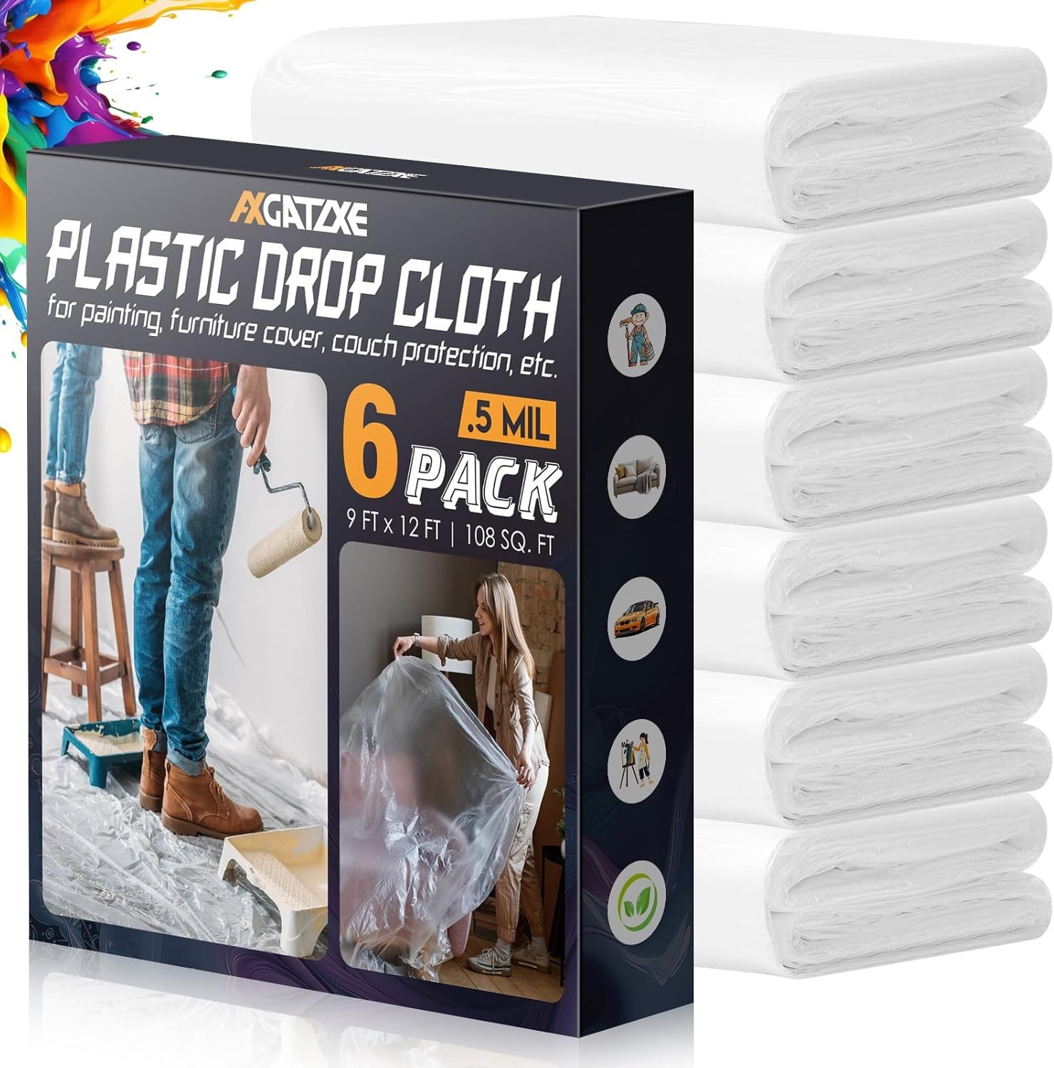 6 Pack Plastic Drop Cloths 12×9 FT Disposable Waterproof Painter’s Tarp