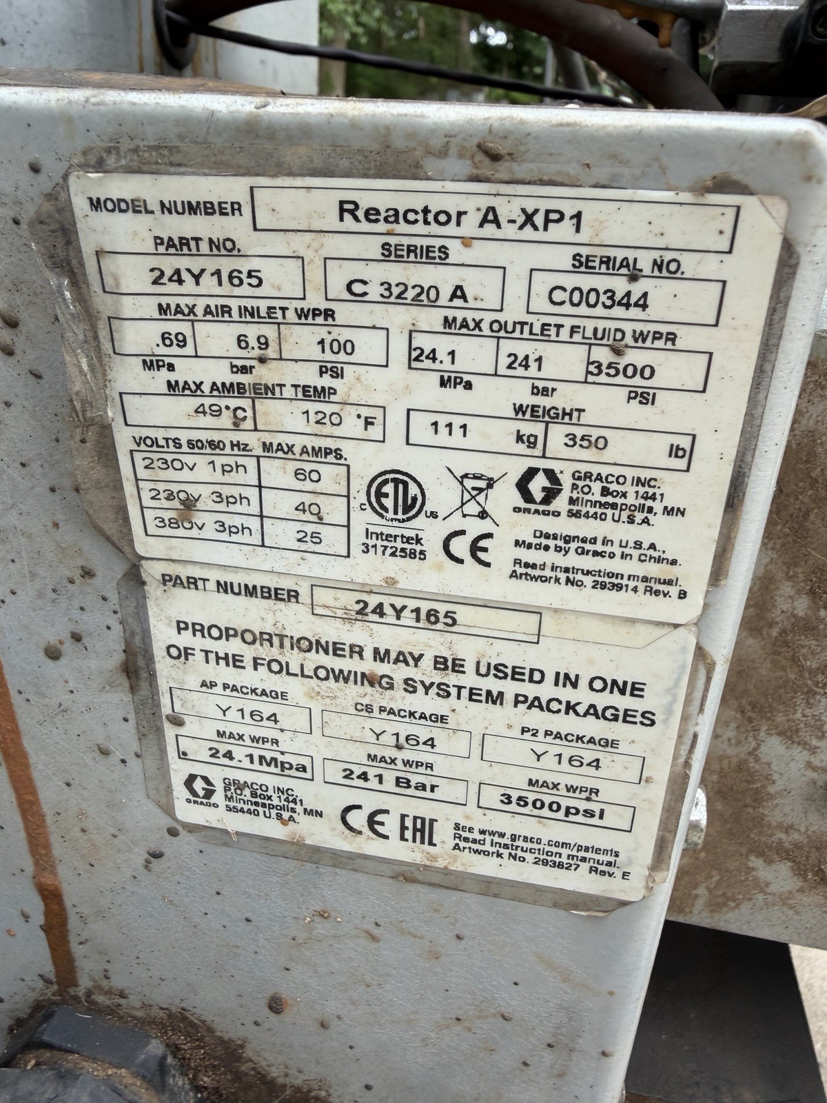 Graco Reactor A-XP1 Proportioner 24Y165 Series C3220 A 230V As is