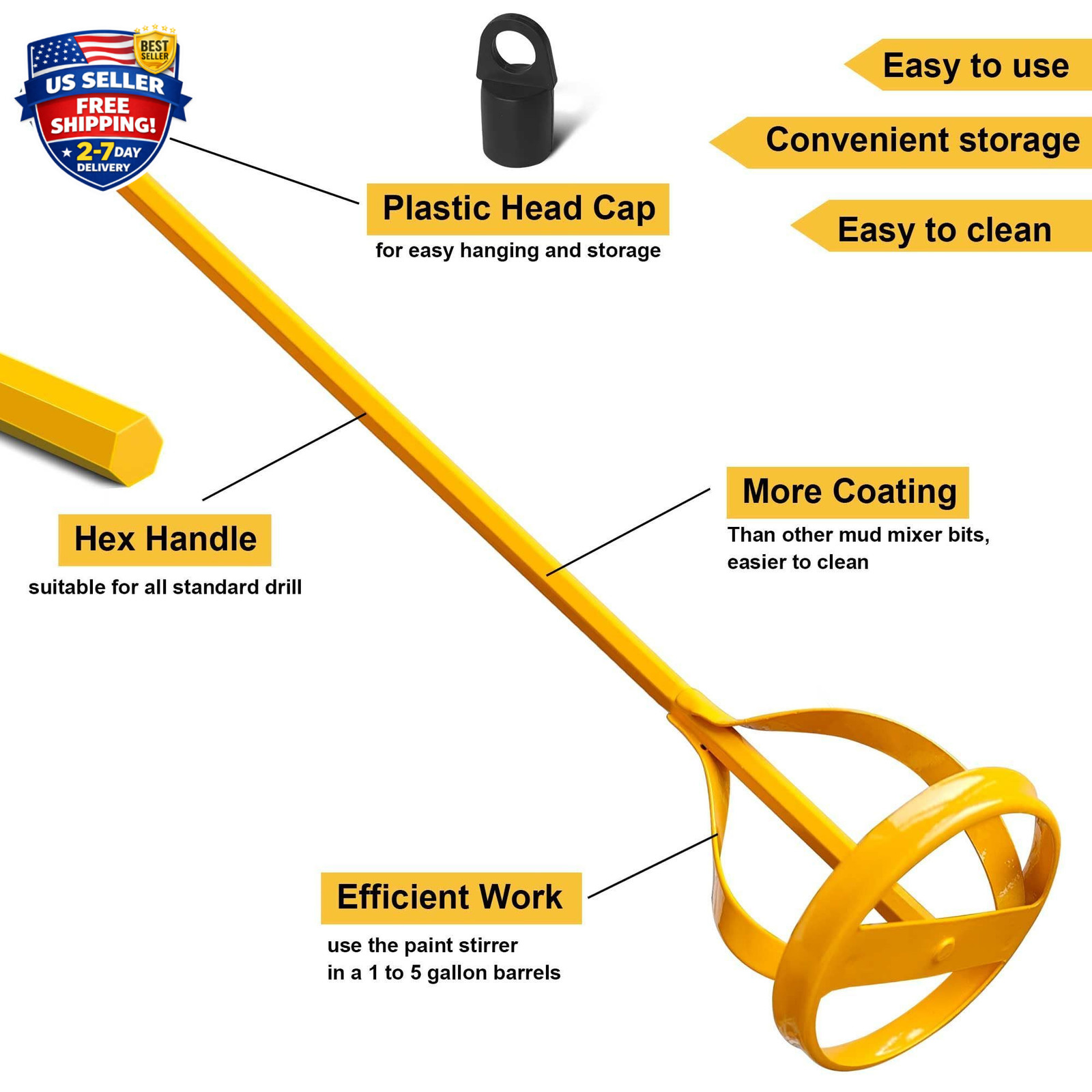Paint & Mud Mixer Drill Stirrer Tool Hex Head for 1-5 Gallon Buckets Yellow