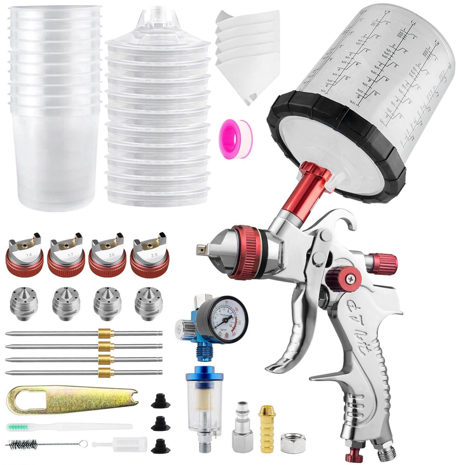 Rrj Hvlp Spray Gun Kits 1.4/1.7/2.0/2.5Mm Nozzles 650Ml Mixing Cup 10X