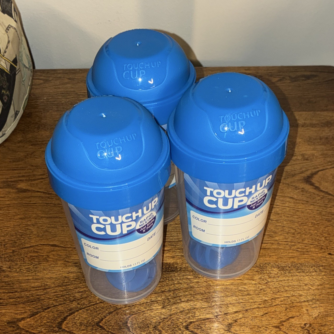Set of 3 Touch Up Cup Rapid Mixing Paint Cup 13 fl oz Blue/Clear w/ Lid & Ball