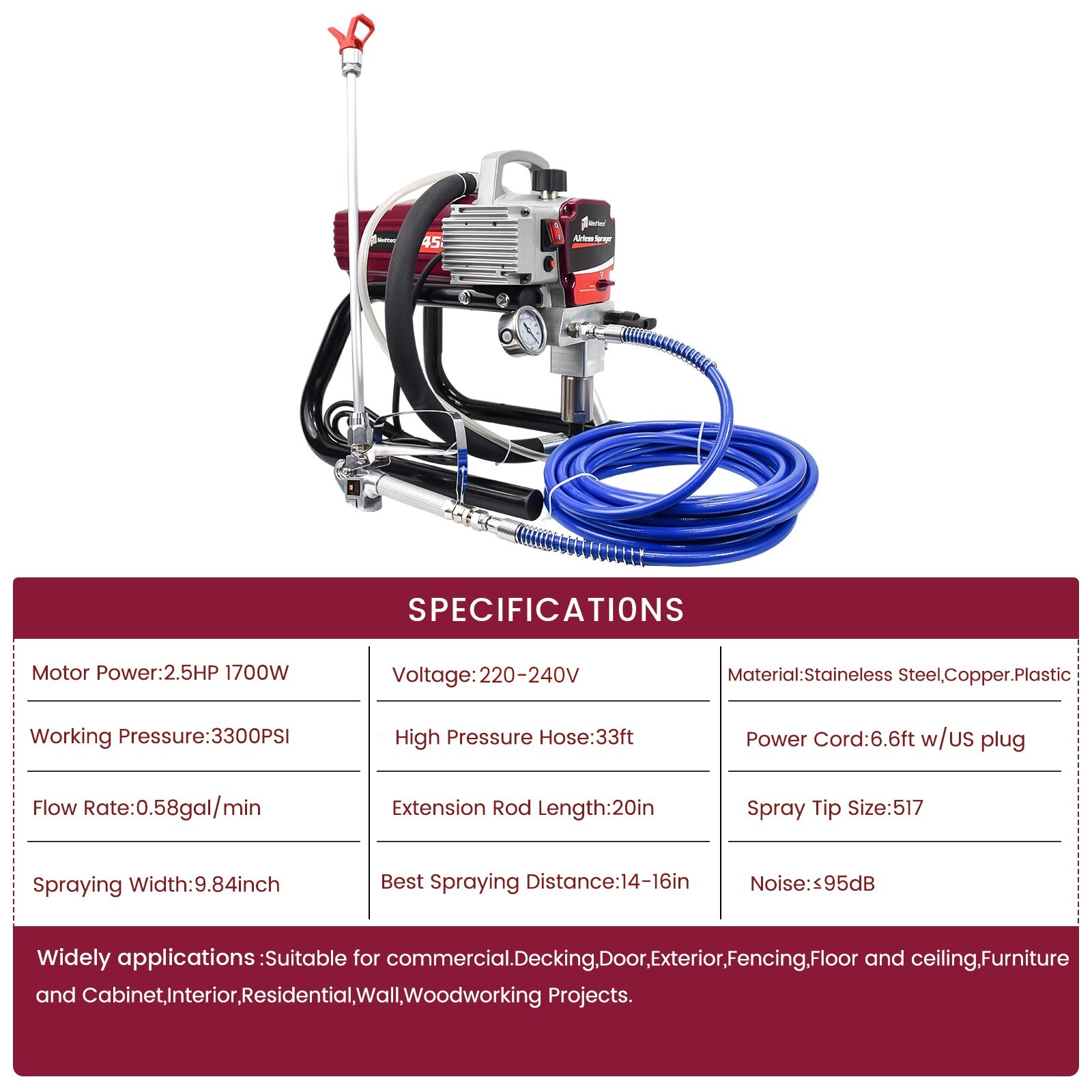 2.5HP Electric Airless Paint Sprayer High Efficient 3300PSI W/Extension Rod 230V