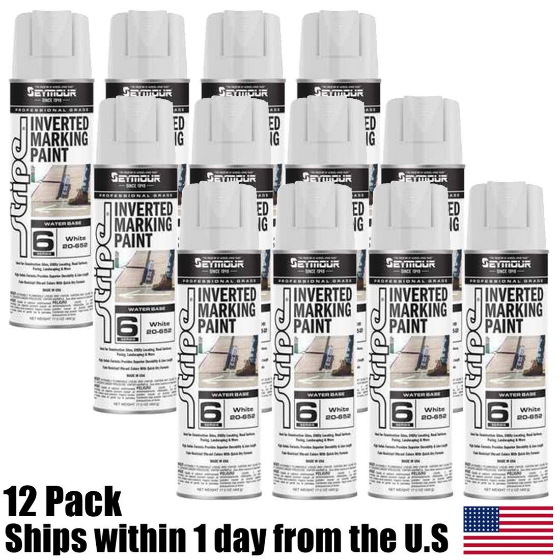 12PK Seymour 20-652 Inverted White Landscaping Construction Marking Paint 17 oz
