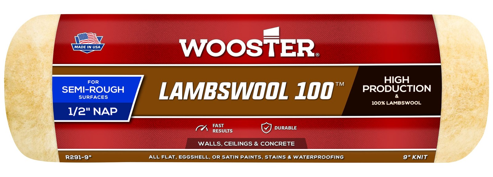 Wooster Brush R291-9 Lambswool 100 Roller Cover, 1/2-Inch Nap, 9 Inch, Buff
