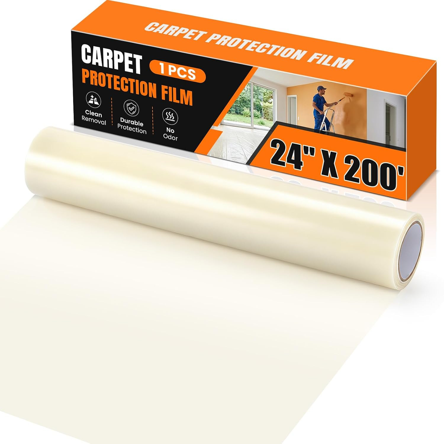 3Mil Carpet Protection Film 24″ X 200′ ，Self-Adhesive Plastic Carpet Protection