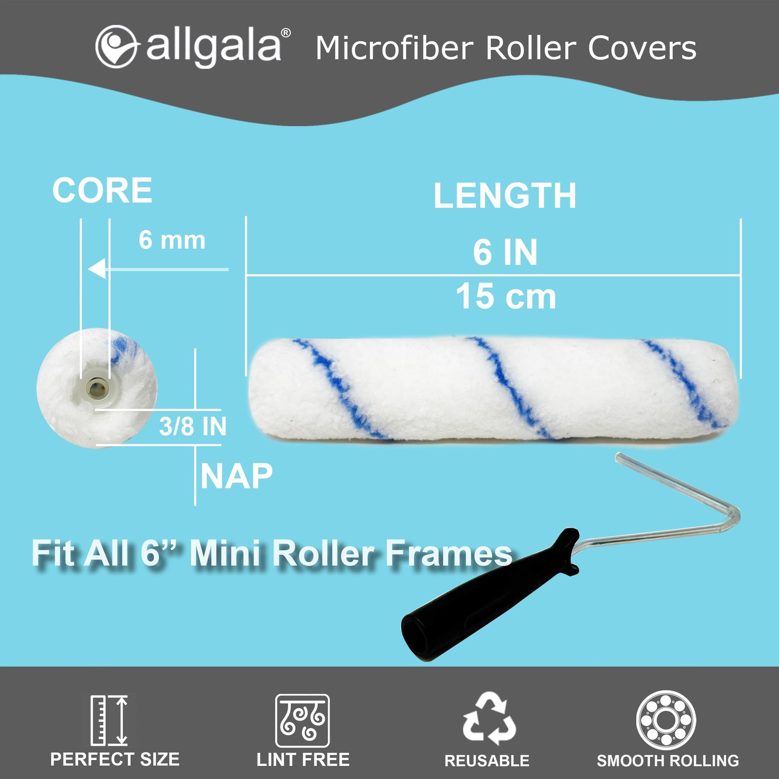 Allgala 6″ Mini 3/8″ Nap Shedless Microfiber Paint Micro (Pack of 6)