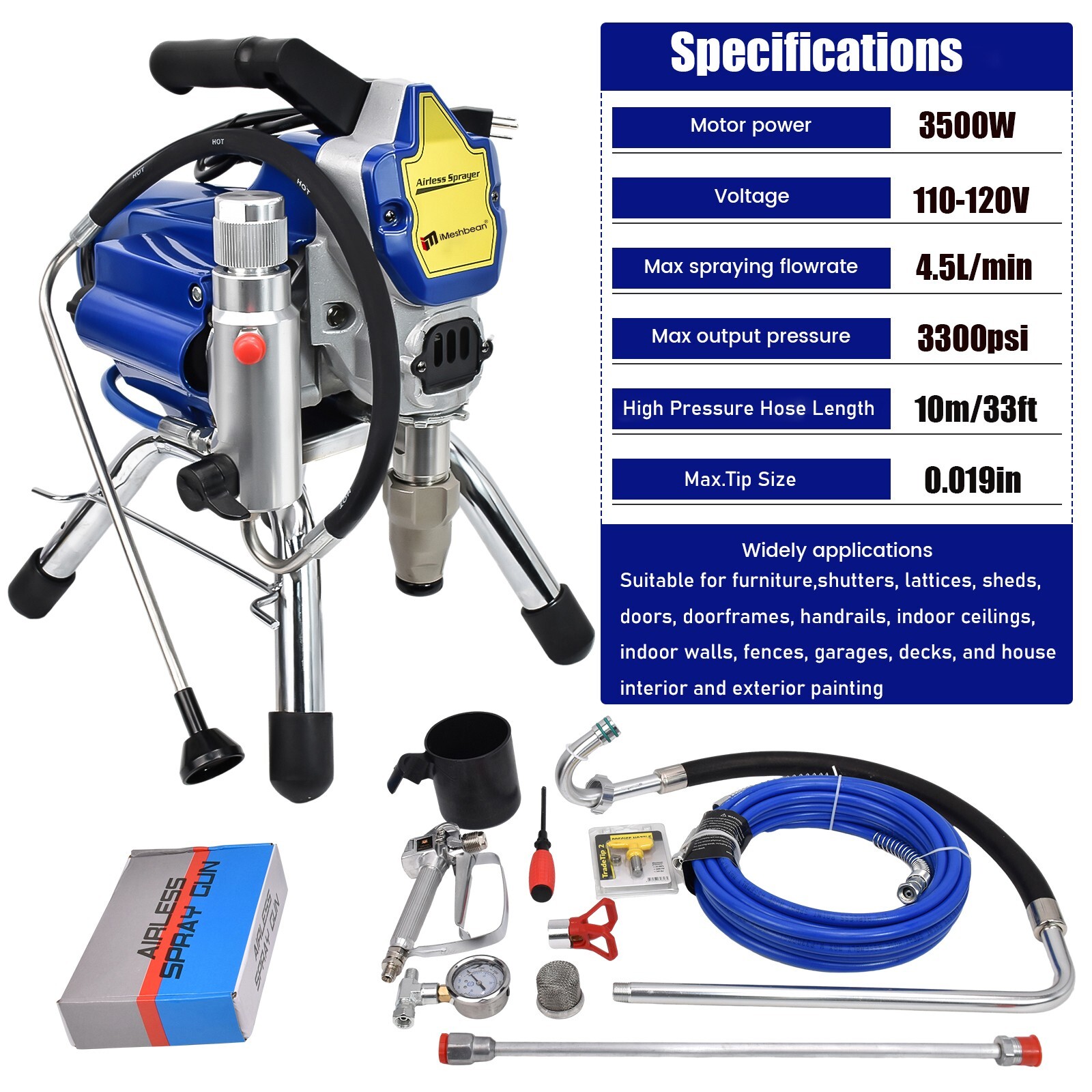 5HP Electric Airless Paint Sprayer High Efficient 3300PSI W/Extension Rod 110V