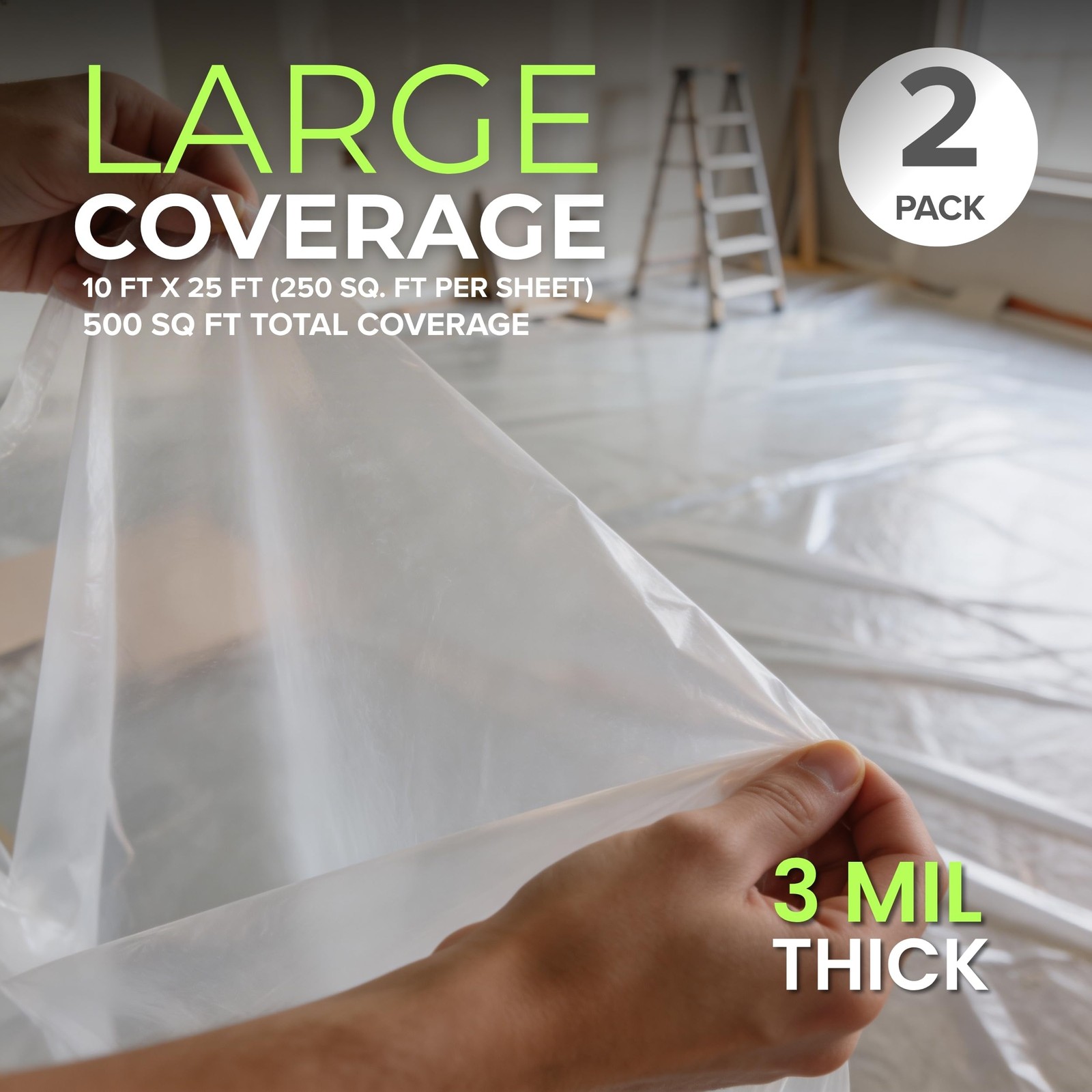 Plastic Sheeting (10′ x 25′) Long, 3 Mil (2 Pack) – 10 feet x 25 feet, Clear