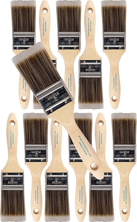 12 Pack – 2″ Flat Brushes for All Latex and Oil Paints & Stains