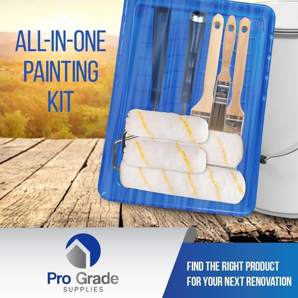 Pro Grade Paint Roller Kit, Brush & Roller,10 Piece Set, Wall Painting Naps -New