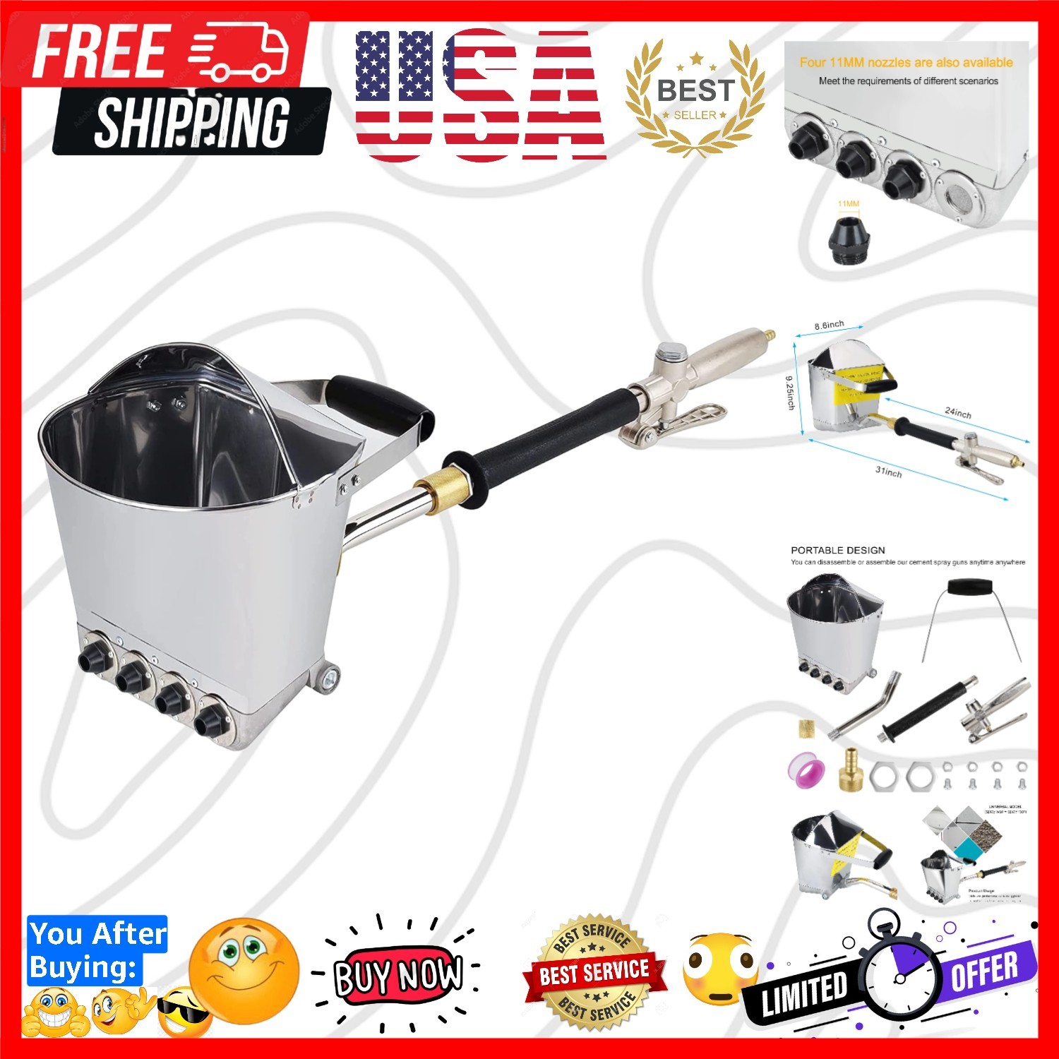 Stucco Cement Mortar Plaster Sprayer with Cover Wall and Ceilings Hopper with…