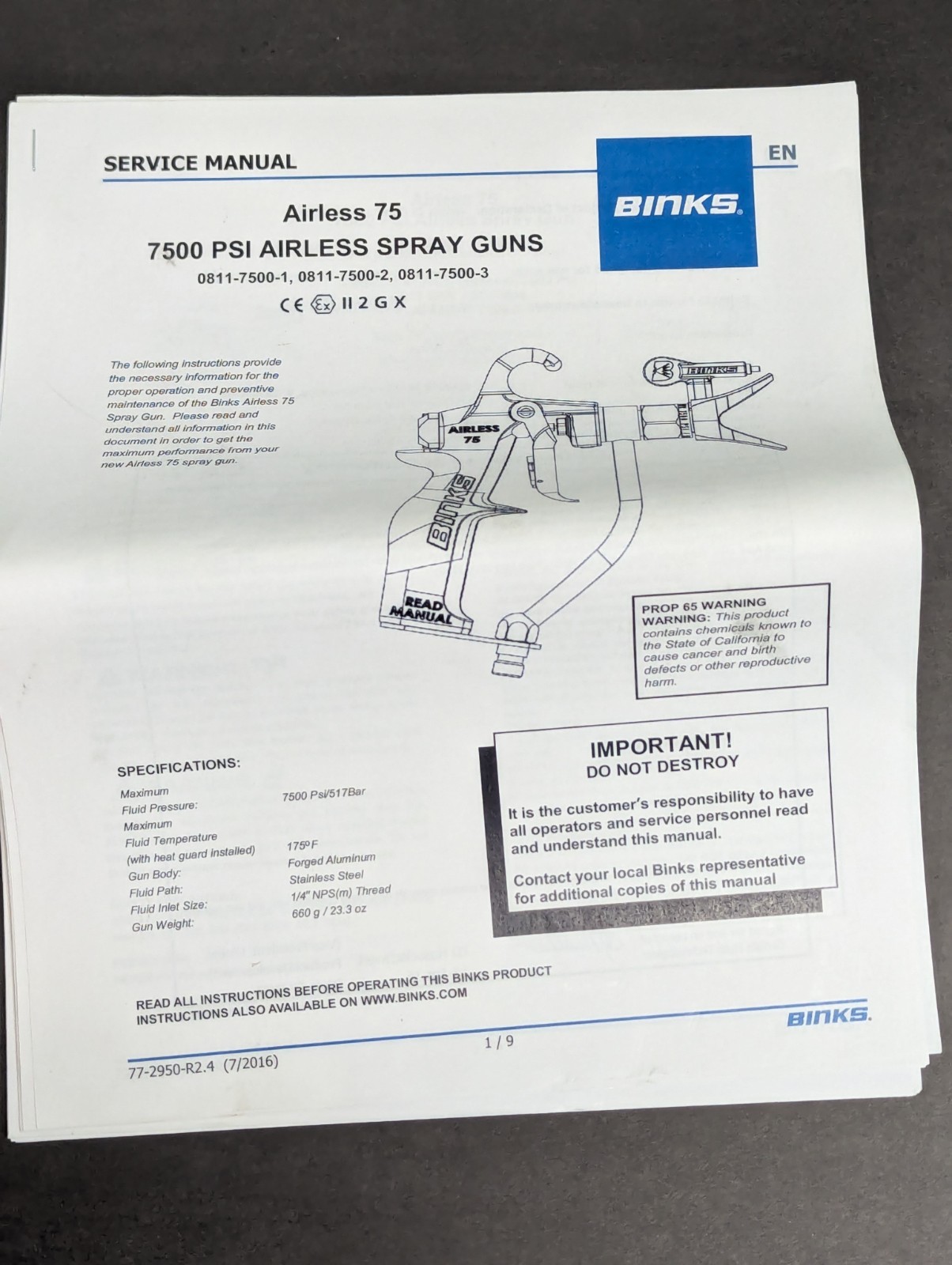 Binks 0811-7500-1 Airless Model 75 Spray Gun,7500 Psi