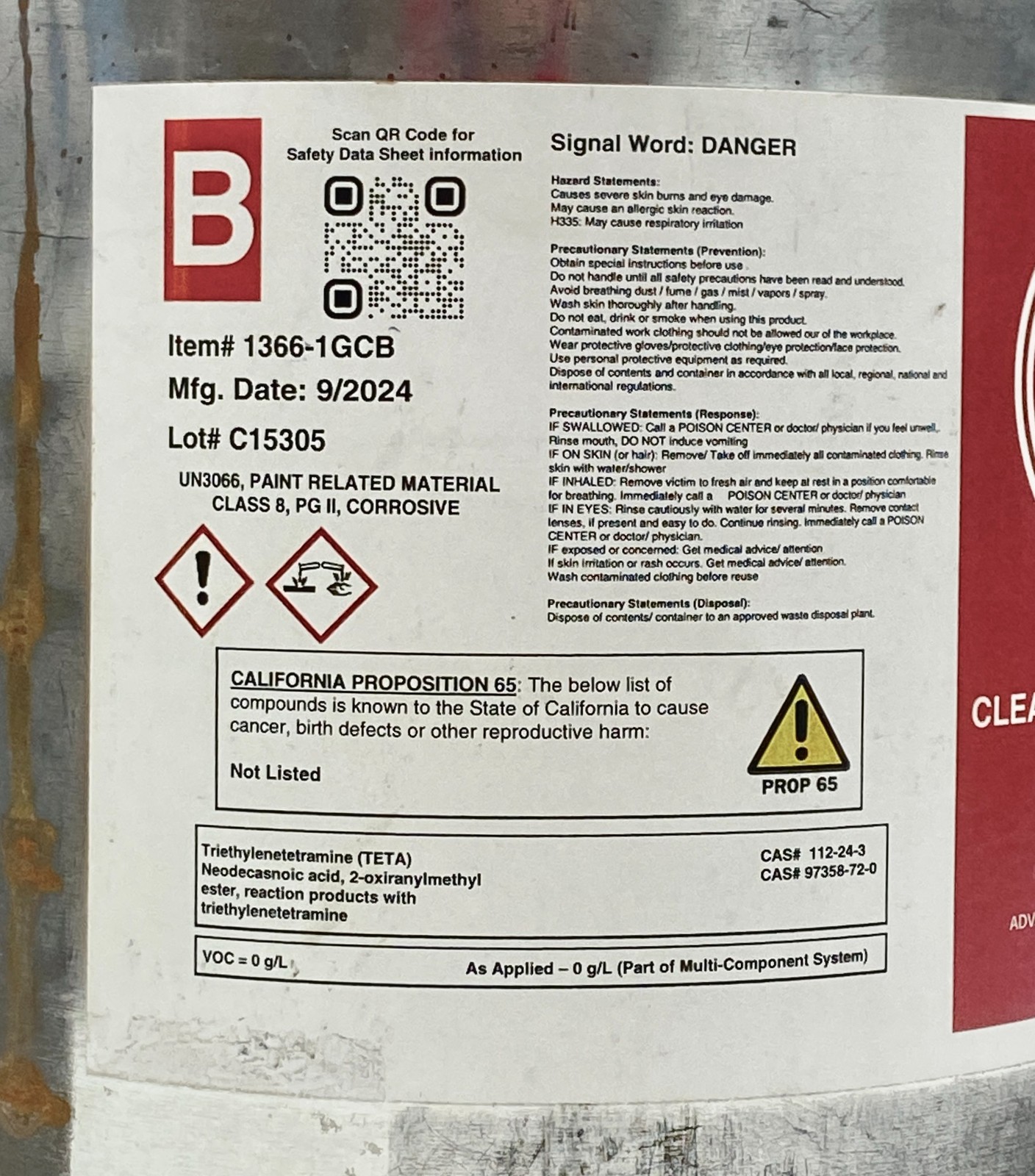 Skid-Resistant Industrial Epoxy Floor Coating Part B Clear Pigmented 1 Gallon