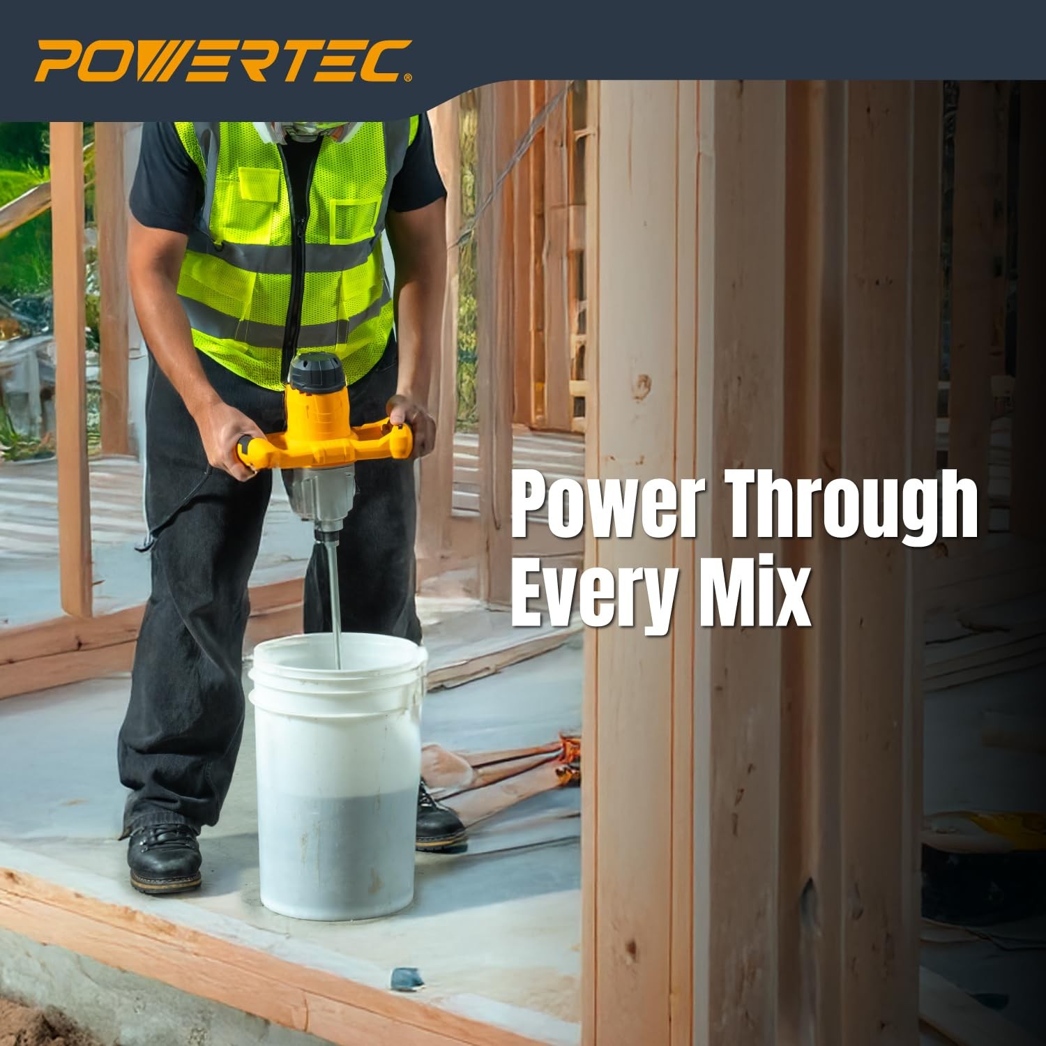 POWERTEC Electric Mortar Mixer – 13AMP/1600W Dual Handheld Cement Mixer