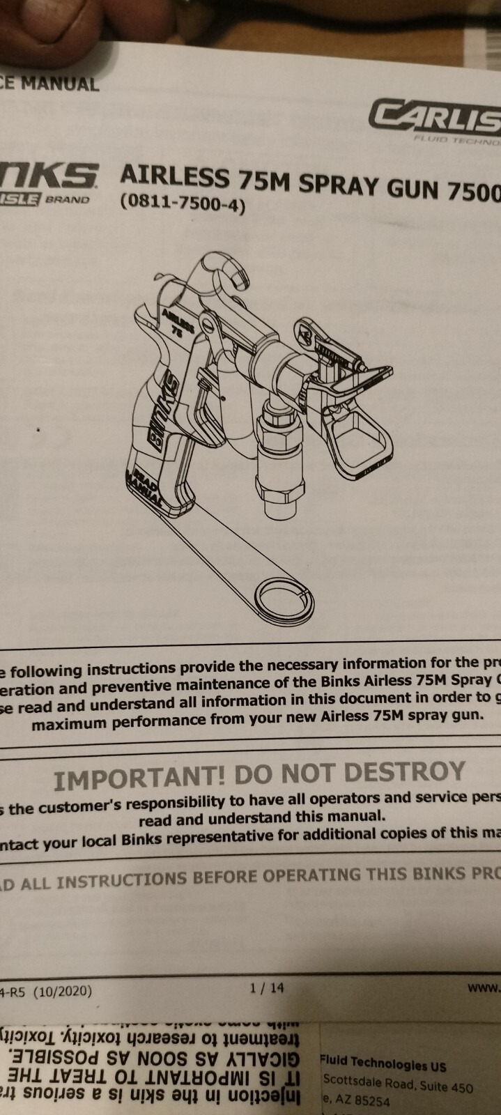 BINKS 75M – 0811-7500-4 Airless Spray Gun Assembly – 7500 psi