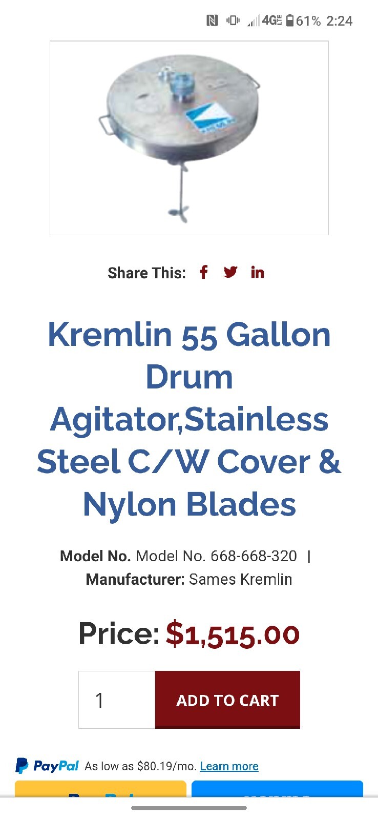KREMLIN 55 GALLON DRUM AGITATOR COVER & NYLON BLADES W/ GAST 2AM-NCC-16 PUMP