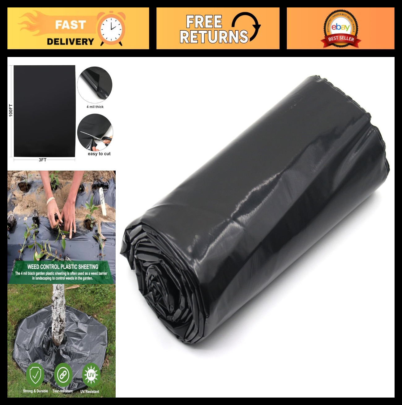 Heavy Duty 4 Mil Black Plastic Sheeting – Weed Barrier Landscape Fabric, 3FT x 1