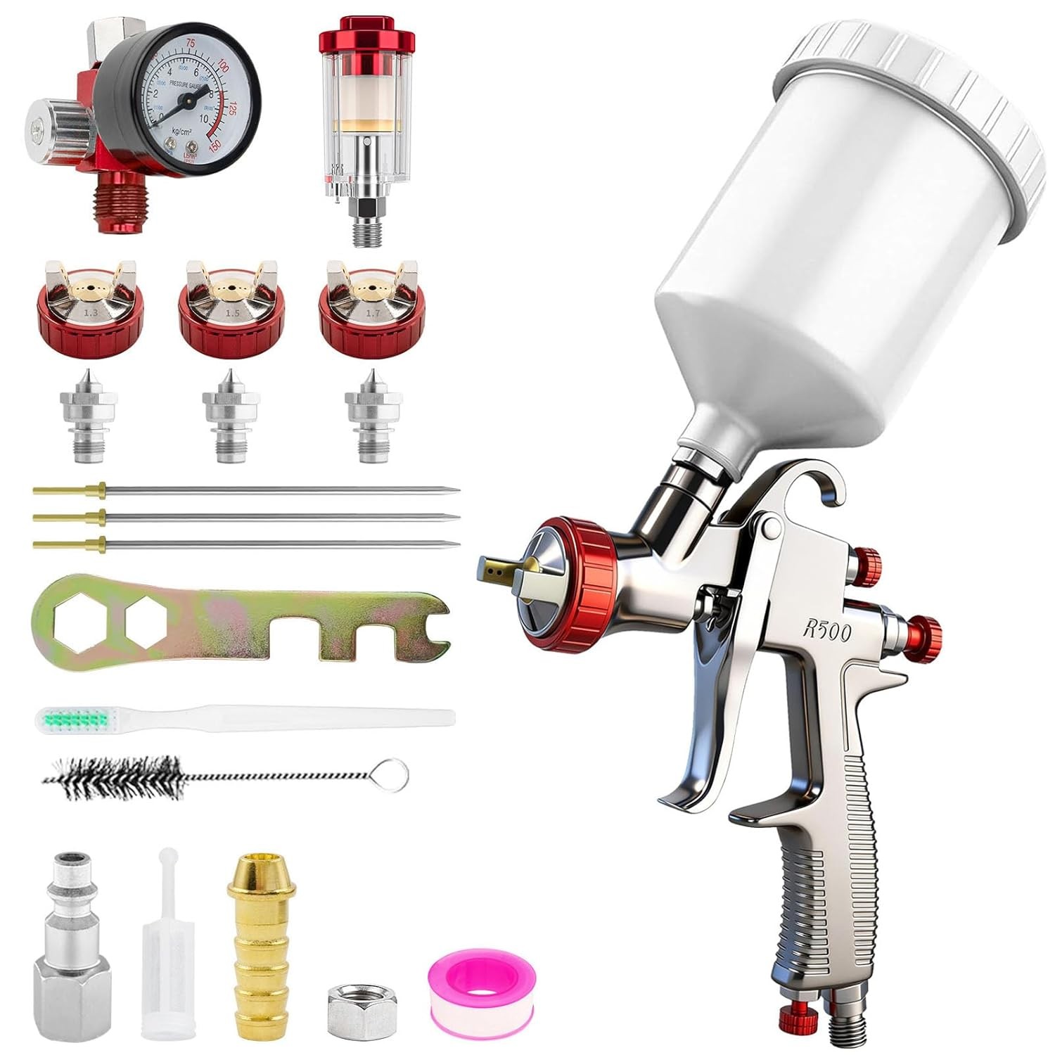R500 LVLP Air Spray Gun Premium Kit 1.3/1.5/1.7mm Nozzle Air Regulator
