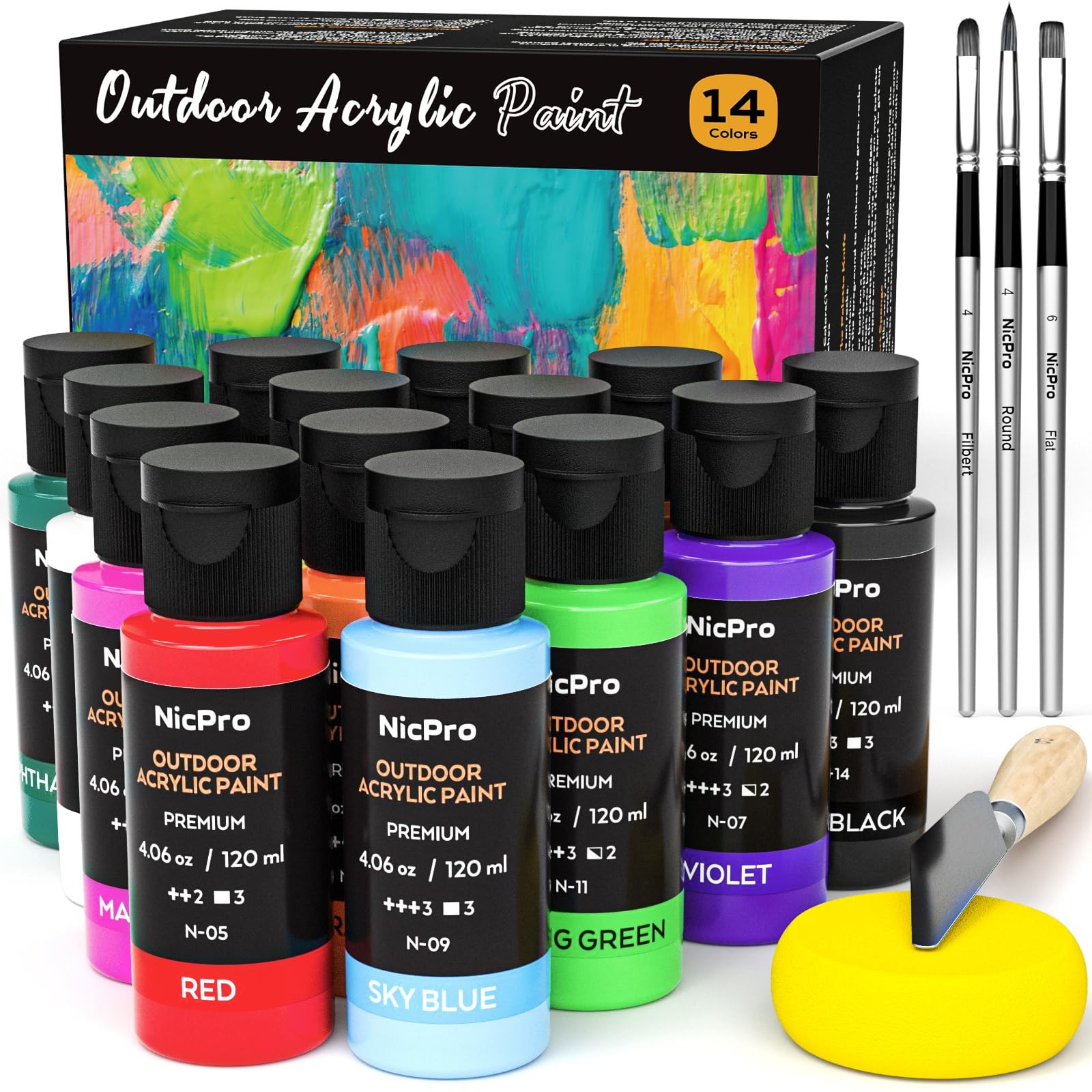 Nicpro 14 Colors Outdoor Acrylic Paint 4.06 Fl Oz (Pack of 14), 14
