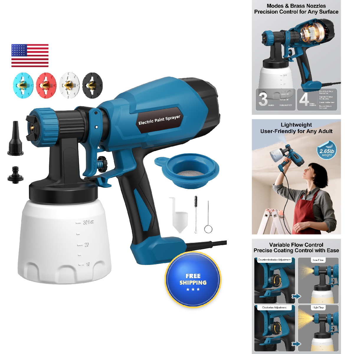 Wibentl Paint Sprayer Electric Spray Paint Gun 3 Modes 4 Brass Nozzles Cleaning