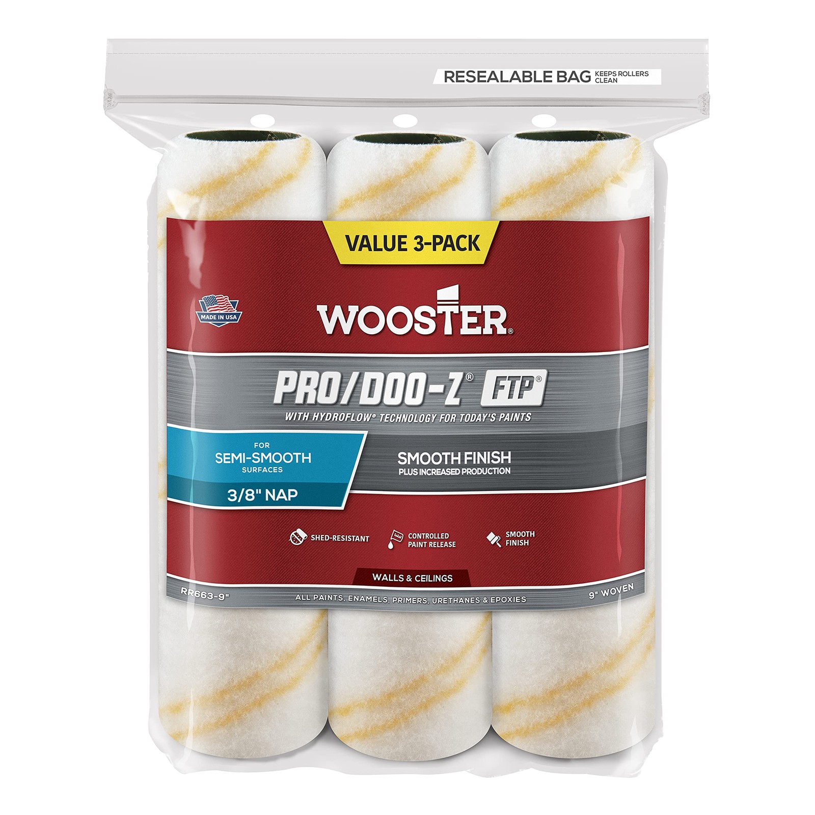 The Wooster Brush Company RR663-9 Pro Doo Z FTP 9″ x 3/8″ Nap (3-Pack), White