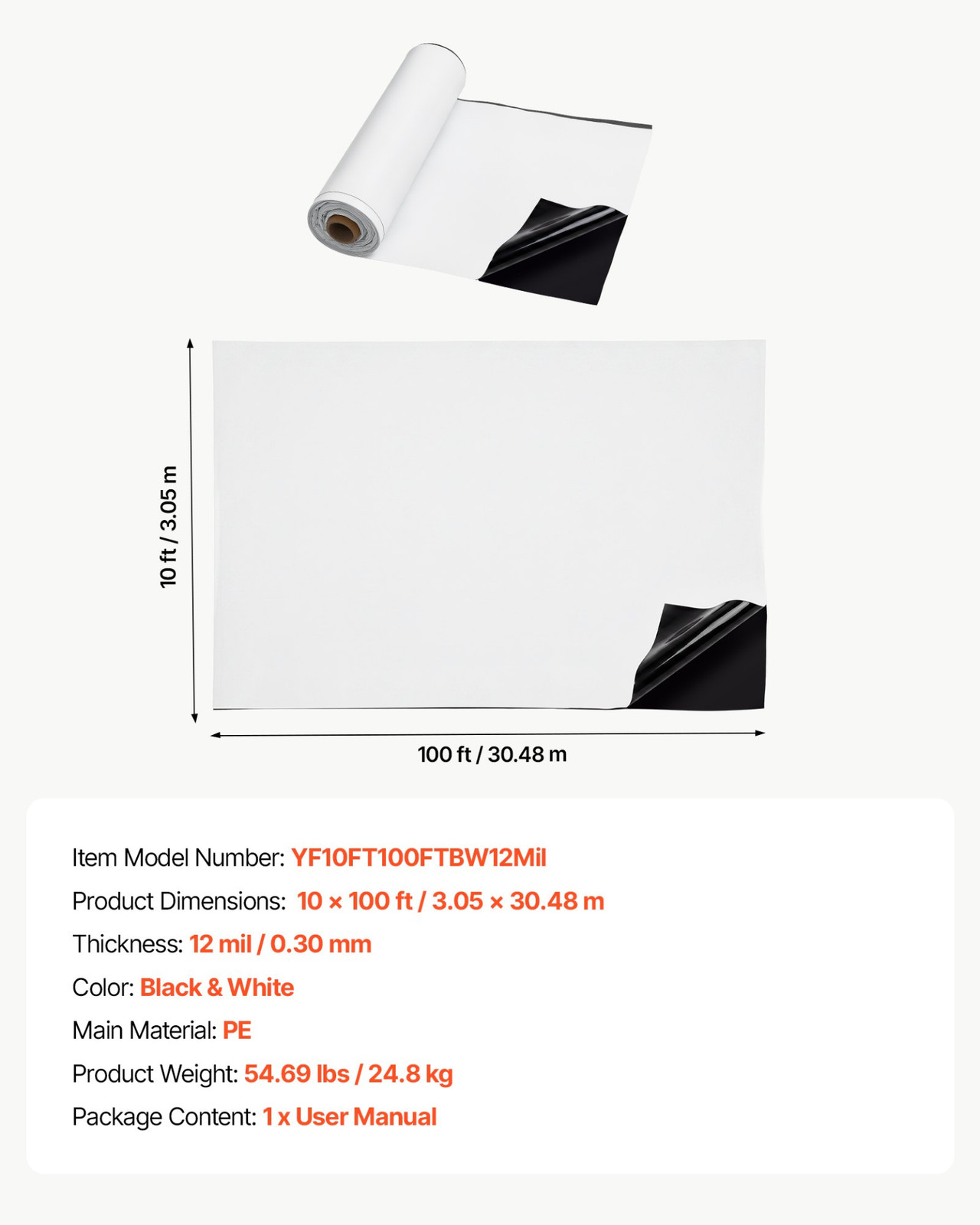 12 Mil Plastic Sheeting 10×100 ft Heavy Duty Poly Vapor Barrier Black White