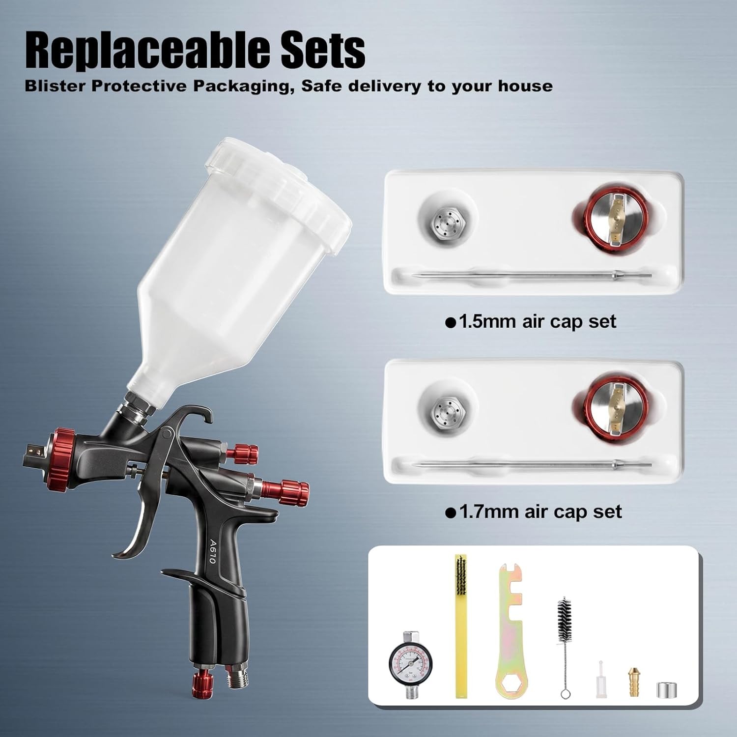 R500 LVLP Air Spray Gun Kit with Nozzles 1.3-1.7mm Air Regulator HVLP LVLP