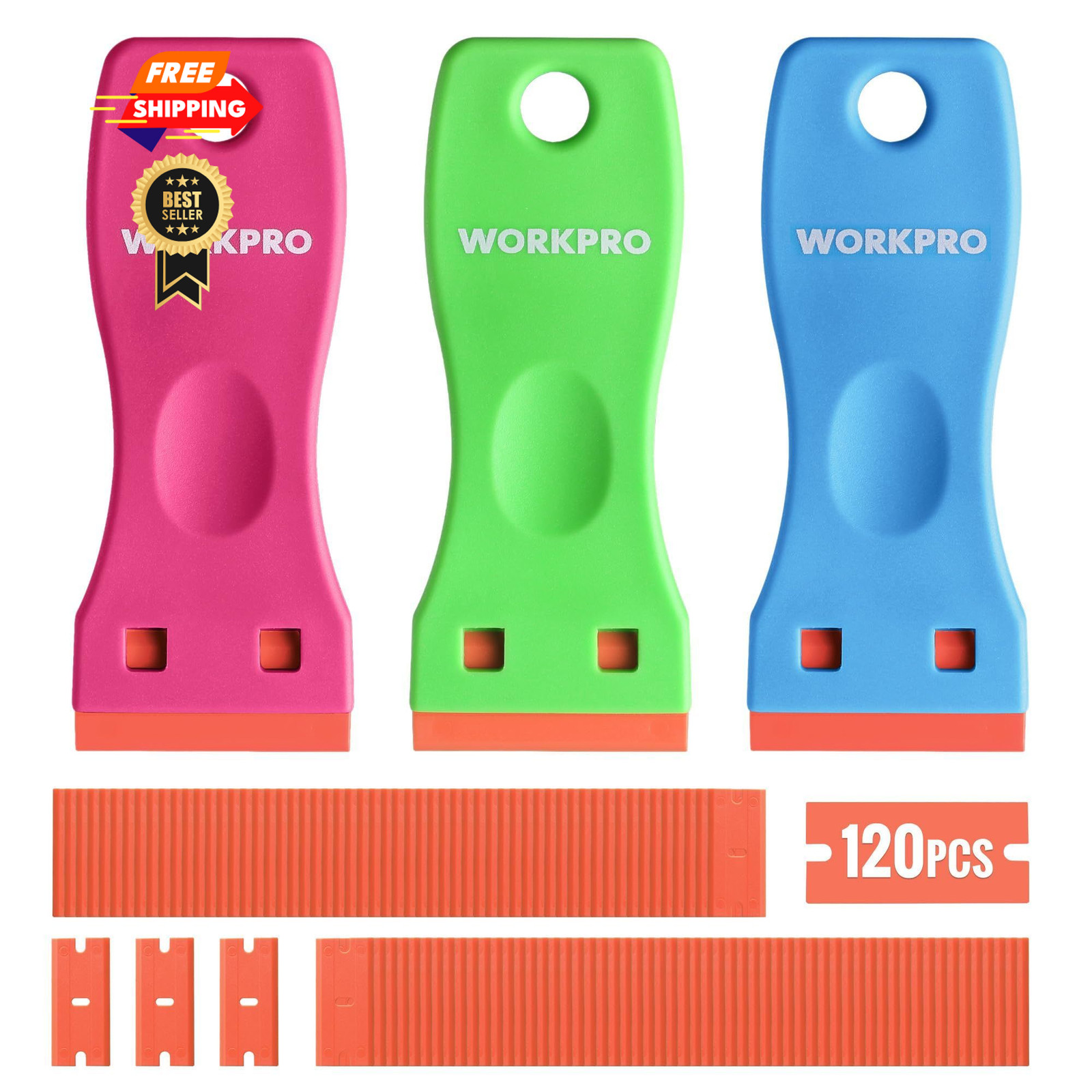 WORKPRO 3-Piece Plastic Razor 3 Pack + 120 Blades, Orange, Blue, Pink, Green