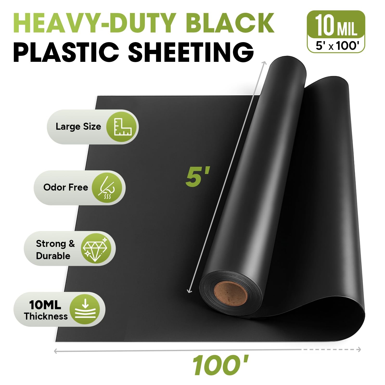 10 Mil Black Plastic Sheeting 5×100 FT – UV Protection Poly Sheeting Polyethy…