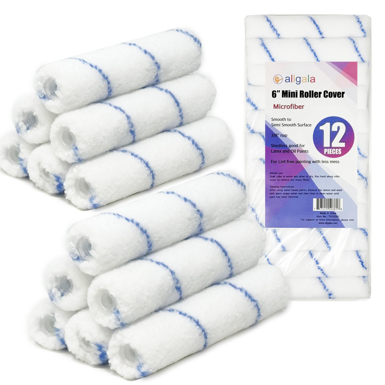 Allgala 6″ Mini 3/8″ Nap Shedless Microfiber Paint Micro (Pack of 12)