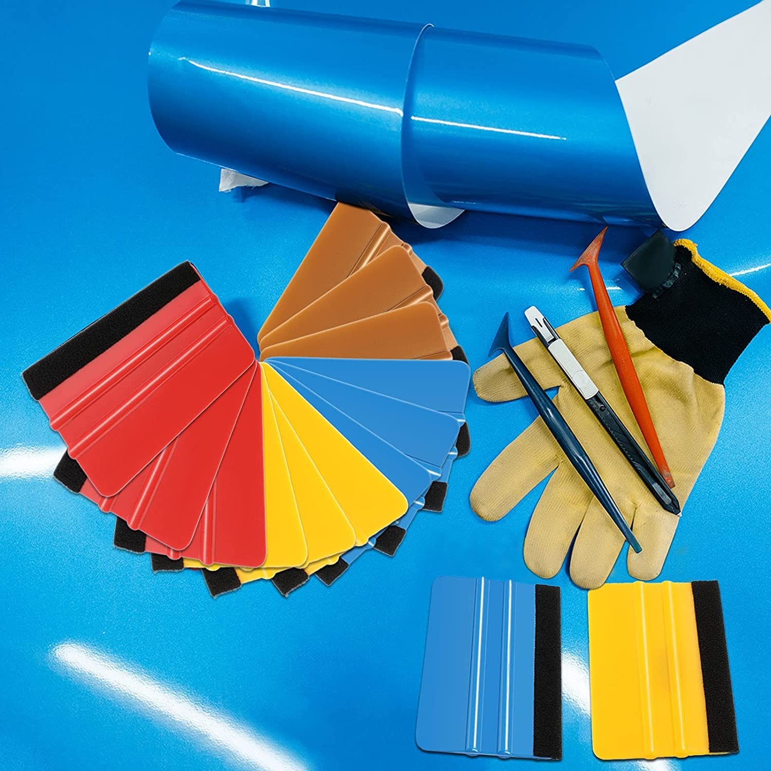 Frienda 12 Pieces Plastic Felt Edge Squeegee Tool Vinyl 4 Inch Blue