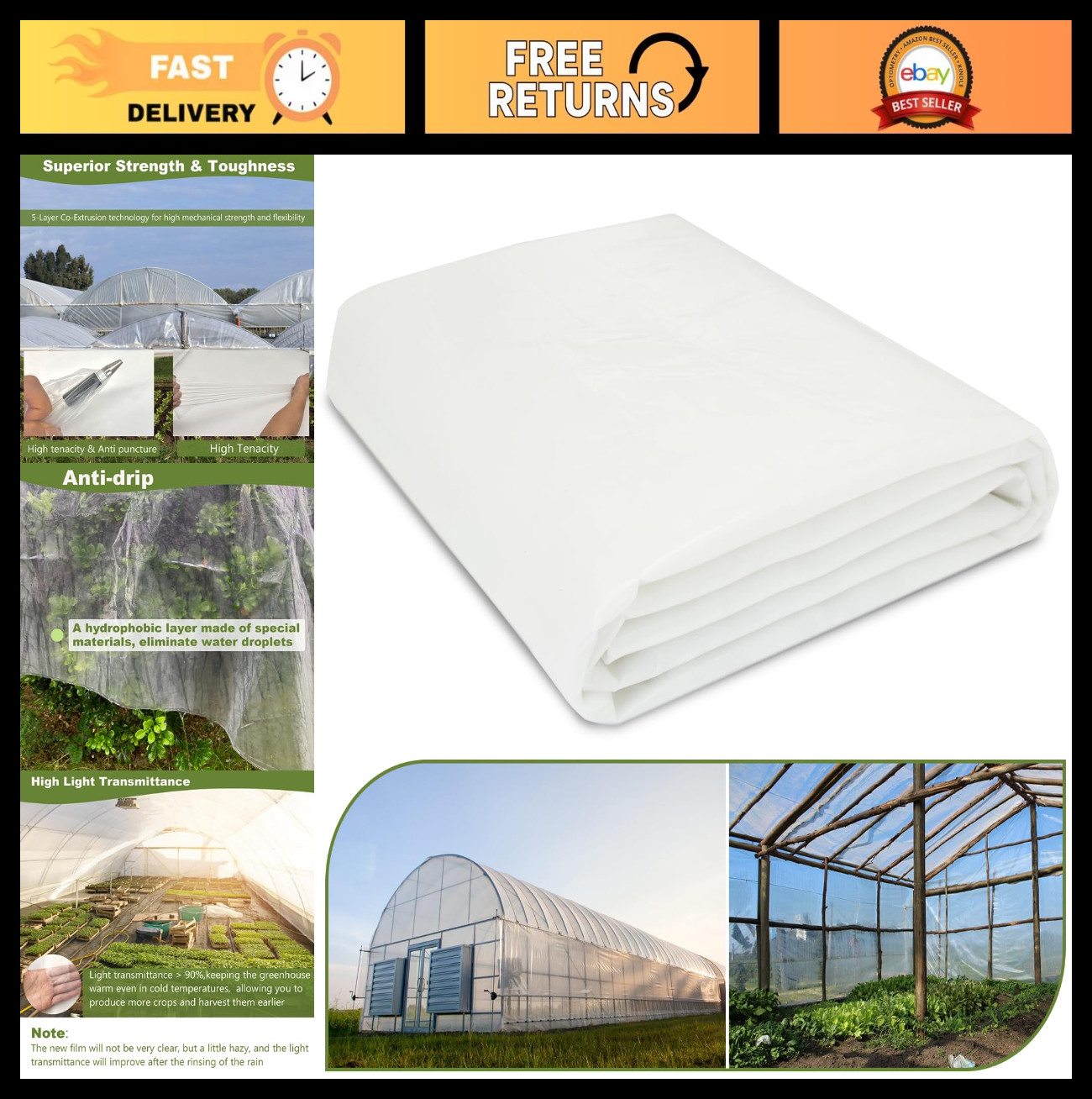 Heavy Duty Greenhouse Plastic Sheeting 12x25ft 6mil UV Resistant Polyethylene Fi